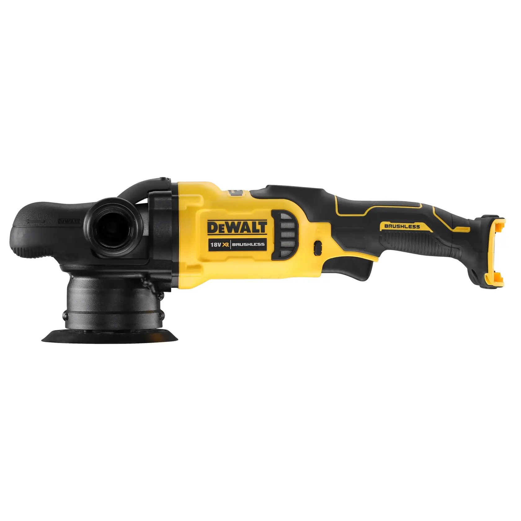 DEWALT DCM848N kabellose gelb-schwarze Poliermaschine mit Brushless-Motor, Seitenansicht.