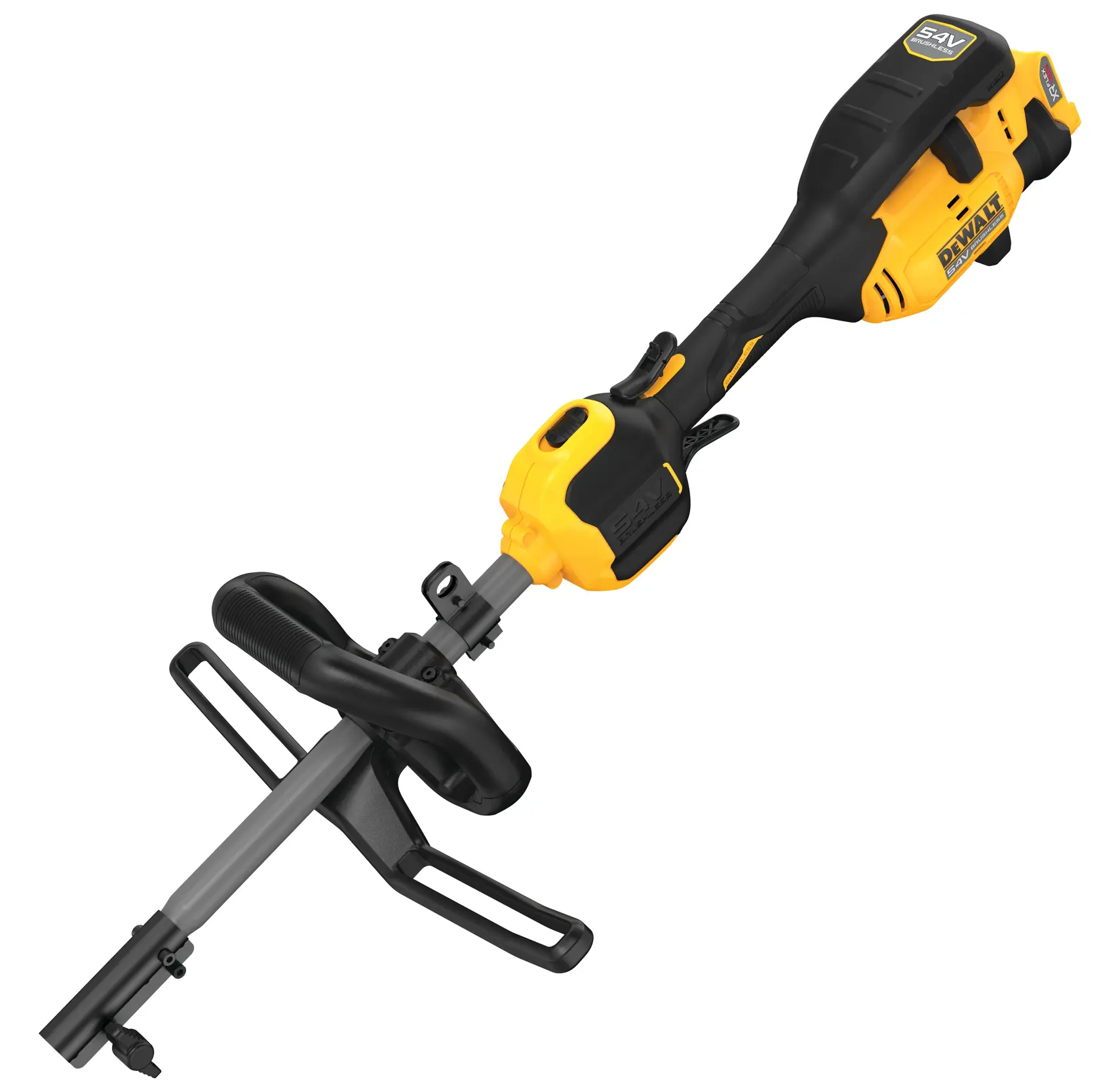 Herramienta eléctrica inalámbrica para exteriores DEWALT, con mango ergonómico negro y amarillo y un eje metálico, vista en ángulo sobre fondo blanco.