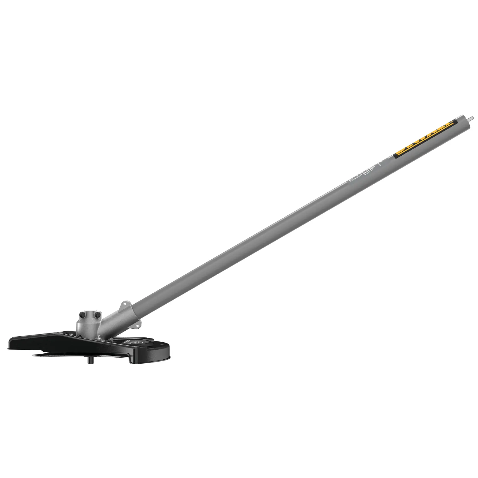 Un accesorio cortador de maleza de metal gris DEWALT con protector, mostrado sobre fondo blanco.