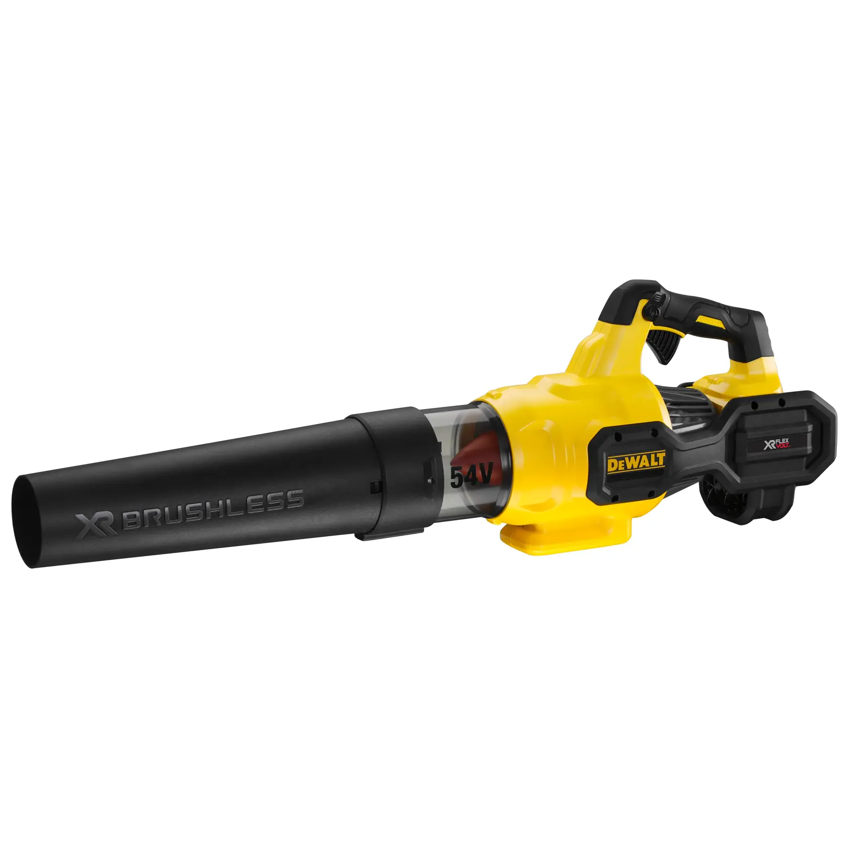 Gelber und schwarzer DEWALT Akku-Laubbläser mit XR Brushless, 54V Batterie, ergonomischer Griff, Seitenansicht.
