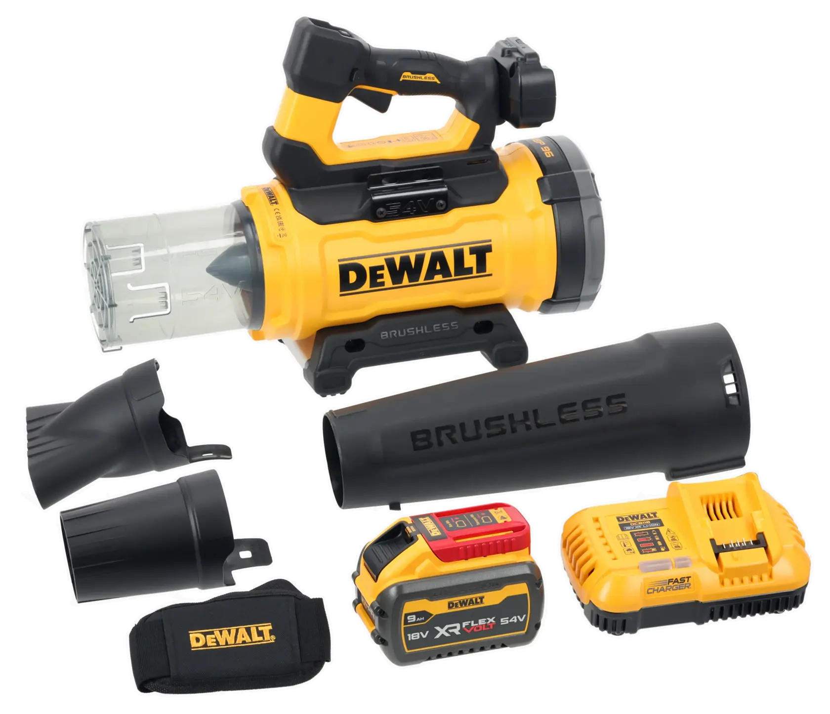 DEWALT cordless blower kit with accessories, battery, charger, nozzles, and strap, shown on a white background.