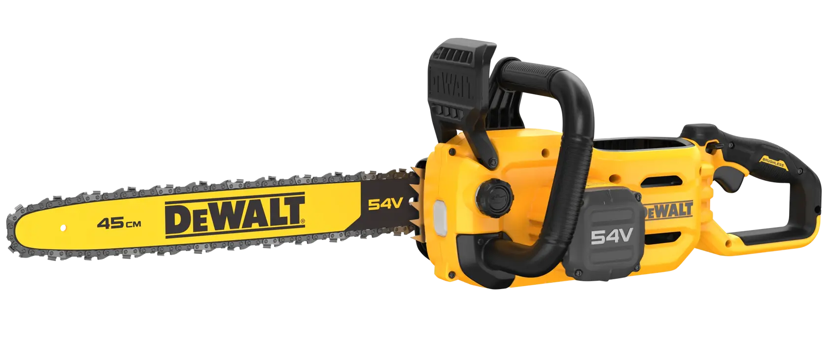 DEWALT 54V Akku-Kettensäge, gelb-schwarz, 45cm Schiene, ergonomischer Griff, auf weißem Hintergrund.