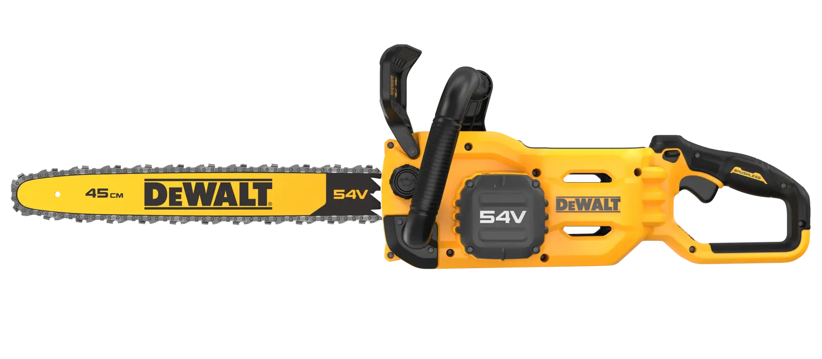 DEWALT 54V Akku-Kettensäge in Gelb und Schwarz, 45 cm Schiene, Modell DCMCS574N.