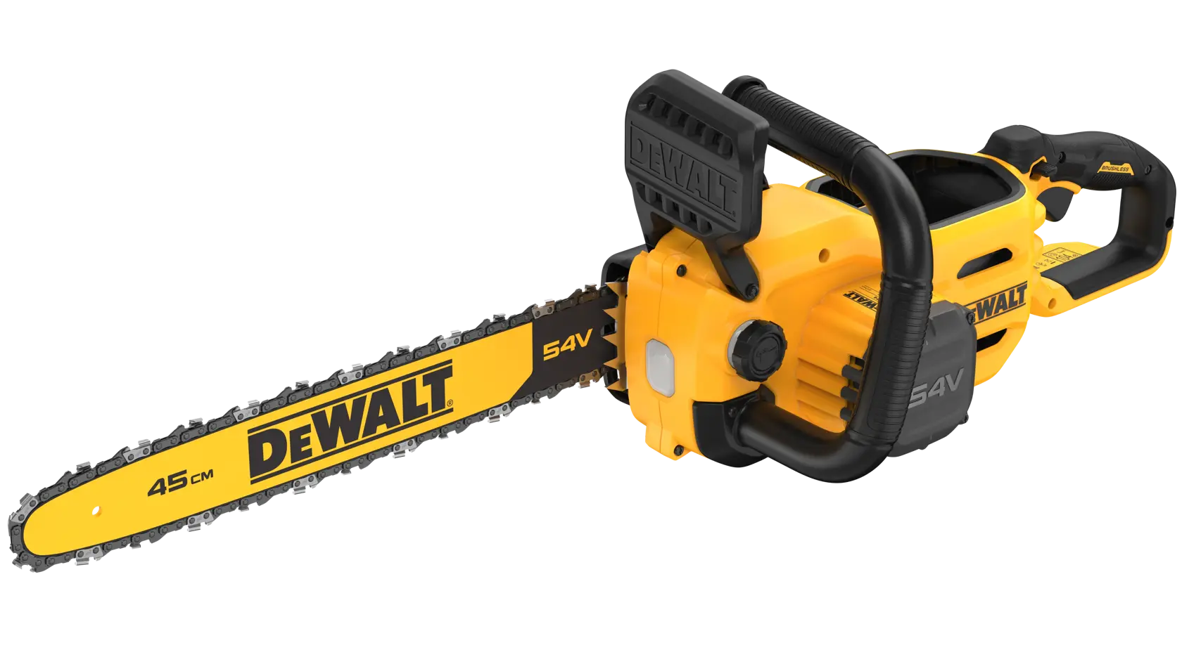 DEWALT 54V Akku-Kettensäge mit gelb-schwarzem Gehäuse und 45 cm Schwert.