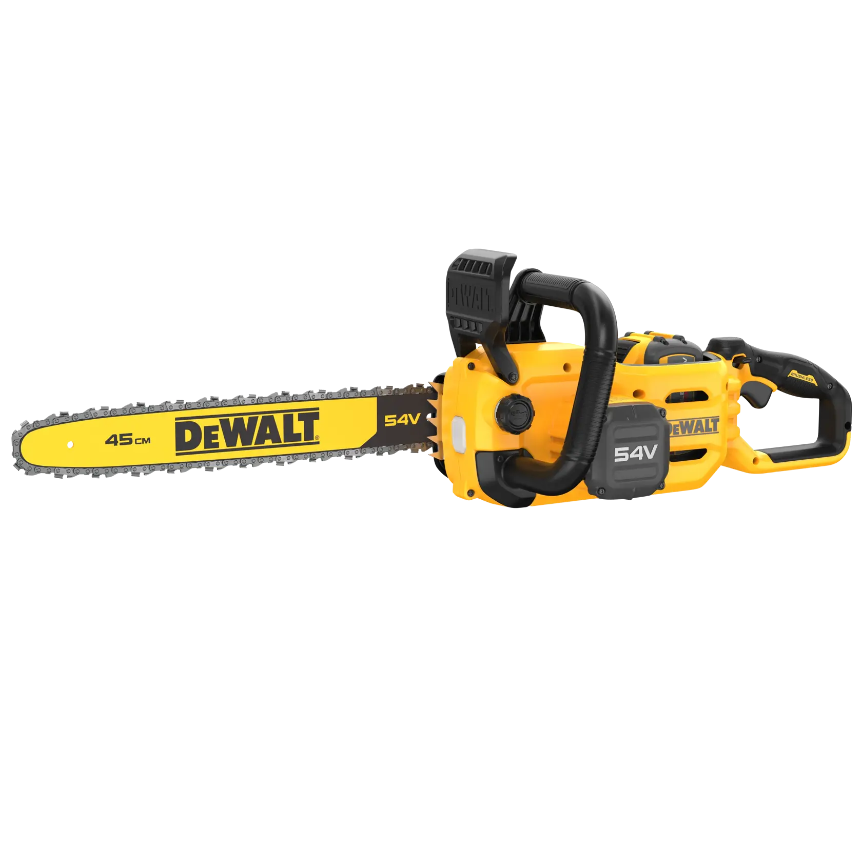 DEWALT chainsaw DCMCS574X1, DCMCS574X1-QW, 54V, 45cm blade, yellow and black design.