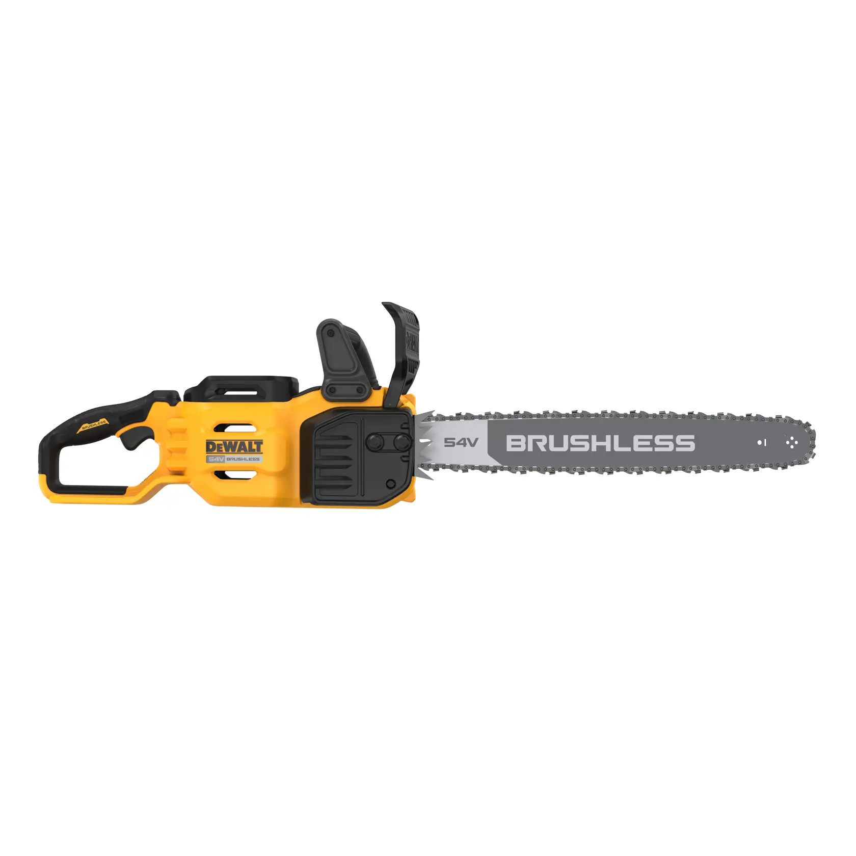 Gelbe DEWALT Akku-Brushless-Kettensäge mit 54V Motor, seitlich auf weißem Hintergrund.