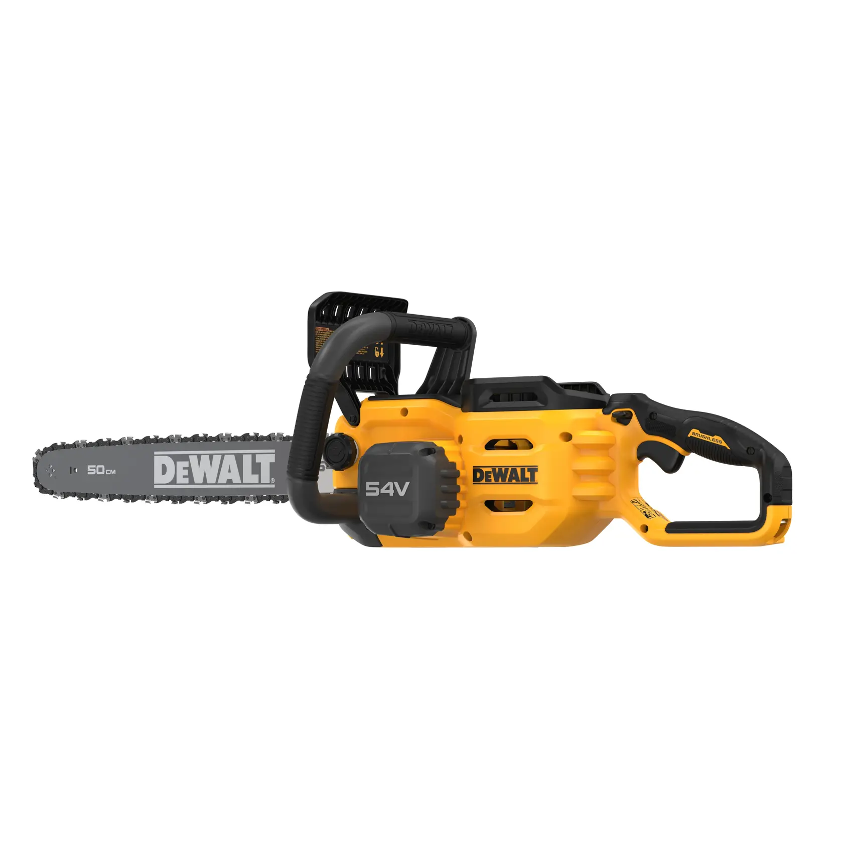 DEWALT 54V Akku-Kettensäge mit 50cm Schwert, gelb-schwarz, Seitenansicht auf weißem Hintergrund.