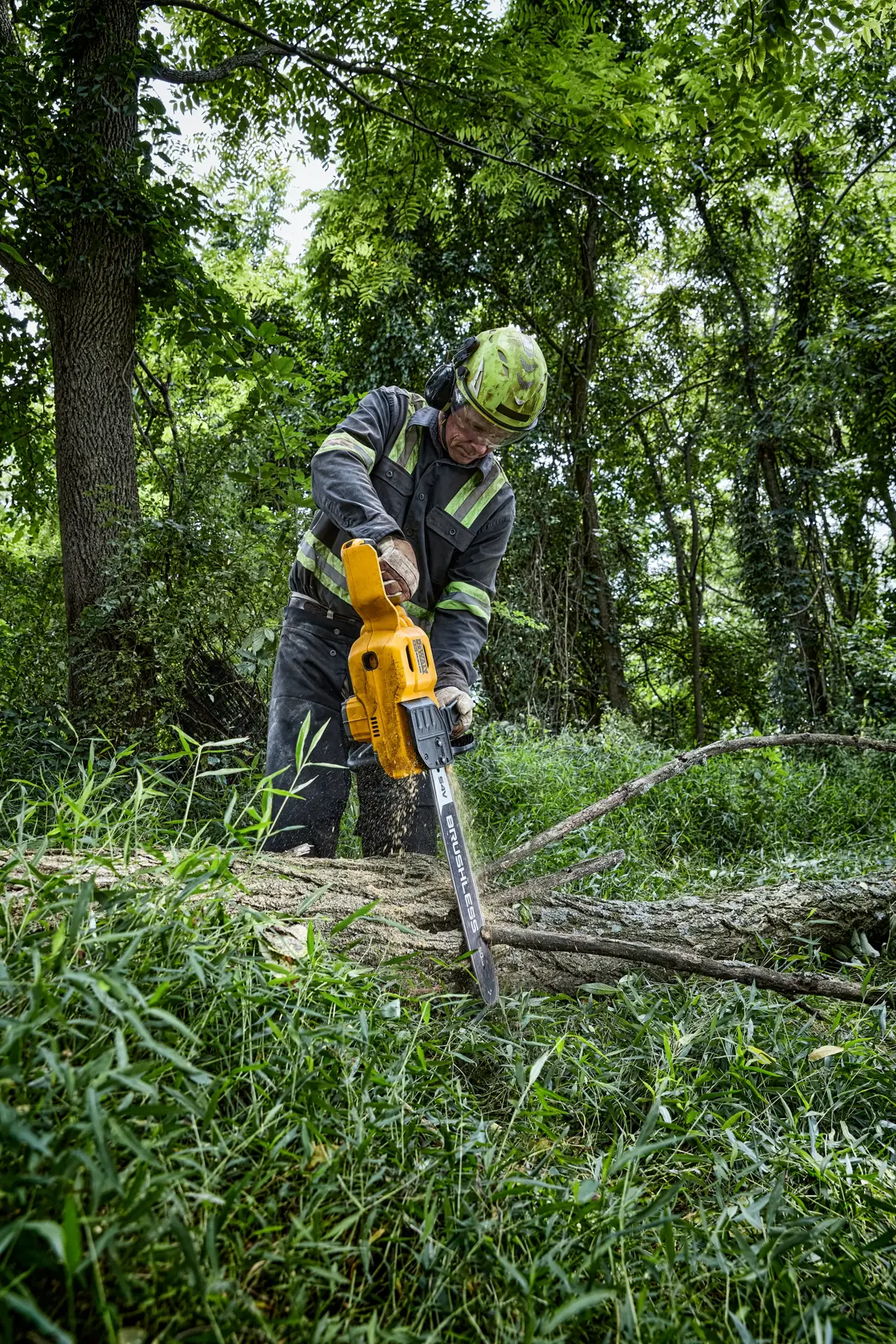 Eine Person mit Schutzkleidung verwendet eine gelbe DEWALT-Kettensäge, um einen umgestürzten Baumast im Freien in einem