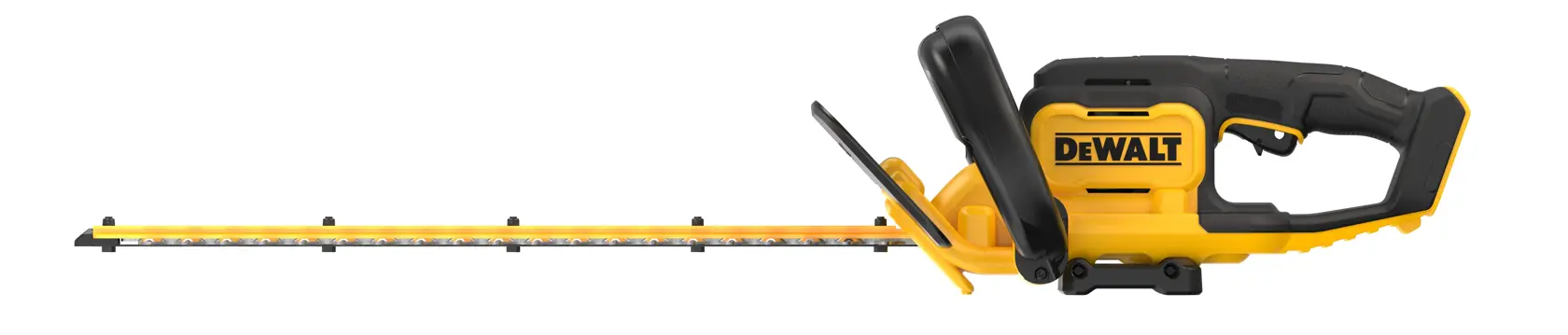 DEWALT Akku-Heckenschere mit gelb-schwarzem Design, langem Messer und ergonomischem Griff.