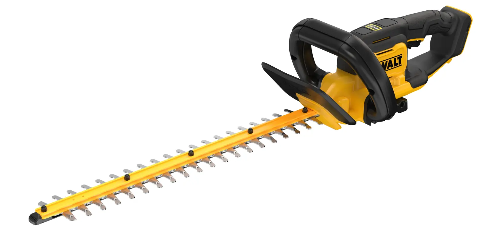 Schnurloser DEWALT-Heckenschneider in Gelb und Schwarz mit ergonomischem Griff und langer Klinge.