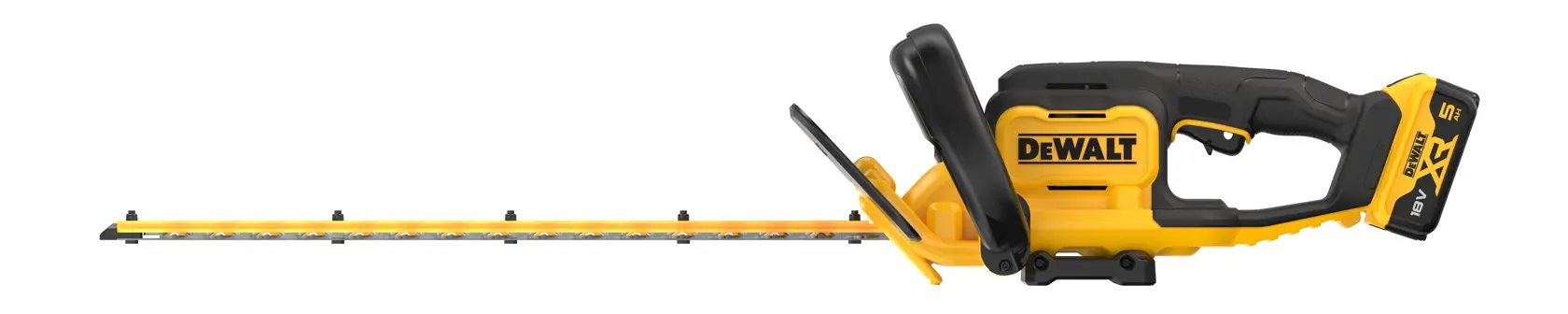 Tagliasiepi senza fili giallo e nero con lama lunga e manico ergonomico.
