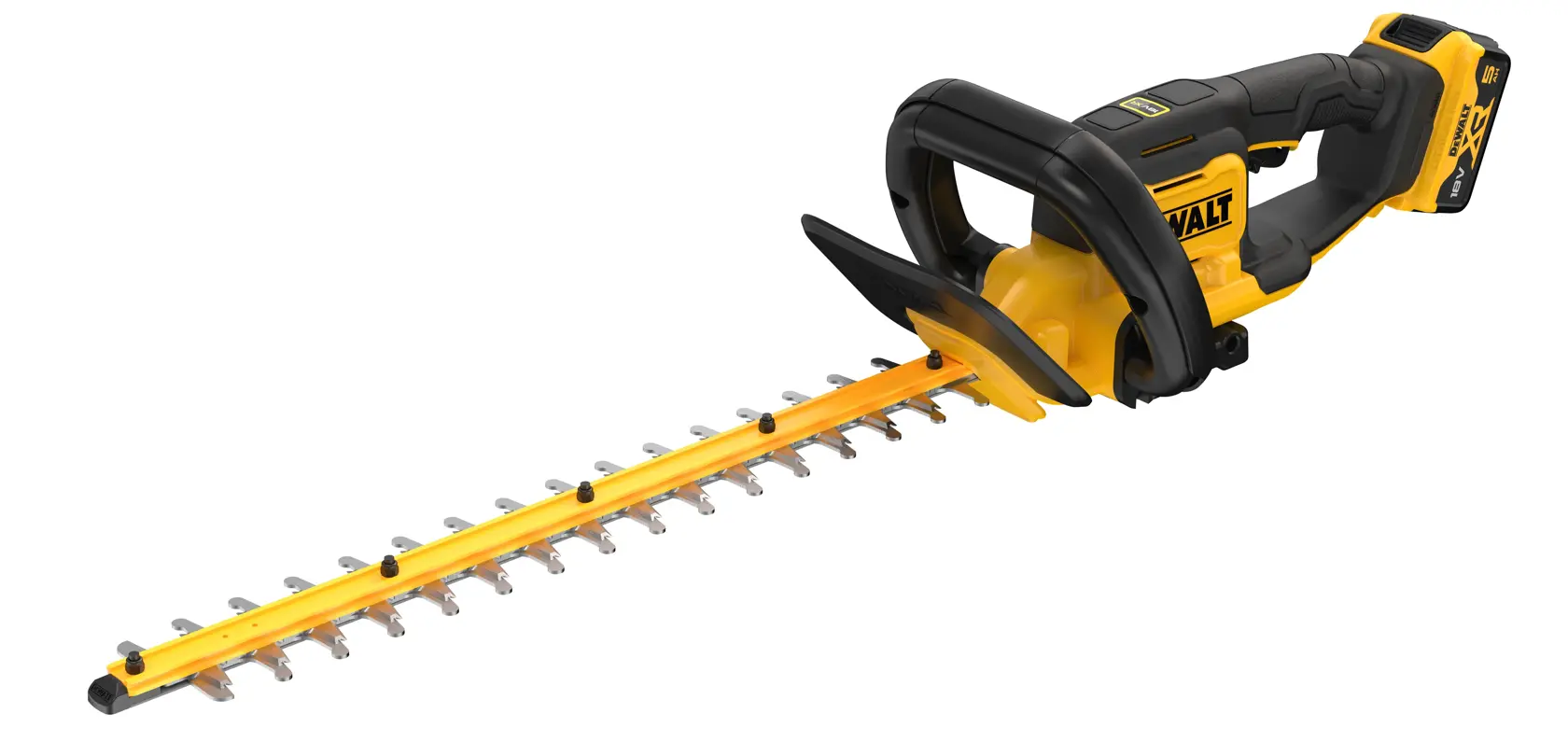 Tagliasiepi a batteria DEWALT giallo e nero con lama lunga e manico ergonomico.