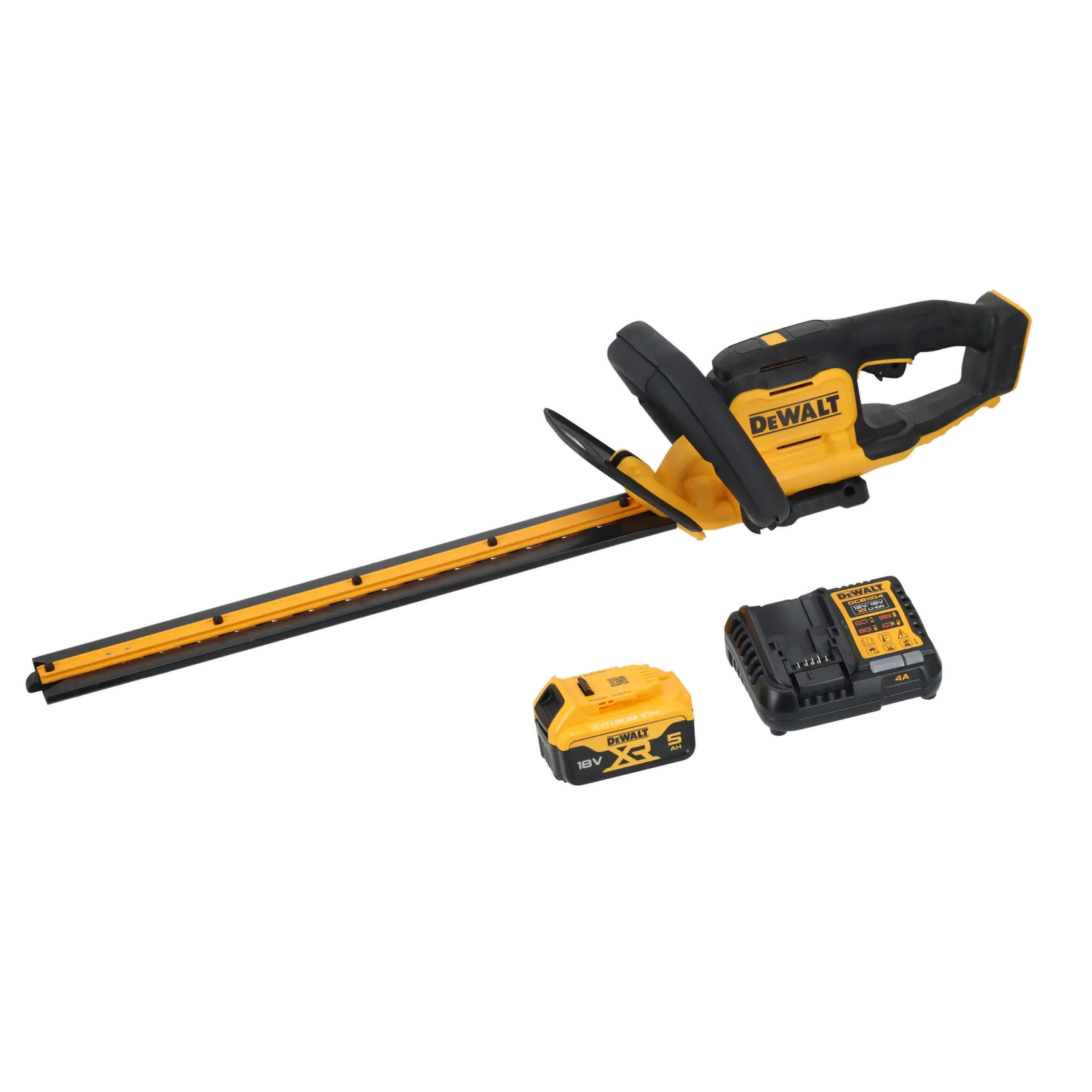 Tagliasiepi a batteria DEWALT con batteria, caricabatterie e coprilama sullo sfondo bianco.