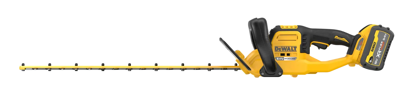 Gelber und schwarzer kabelloser DEWALT Heckenschneider mit Akku, langem Blatt und Griff, Seitenansicht.