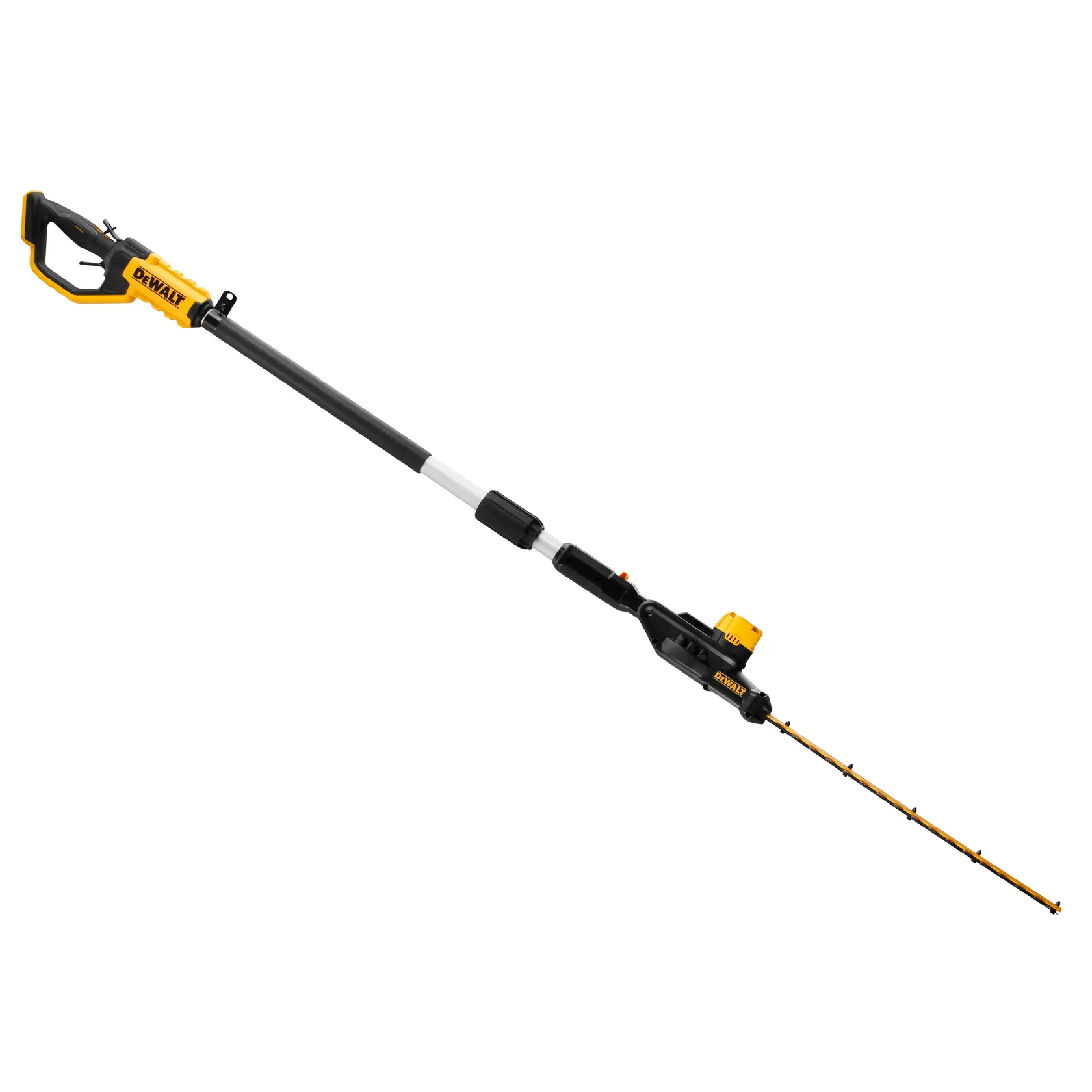 Cortasetos telescópico inalámbrico DEWALT amarillo y negro para recortar zonas altas del jardín.