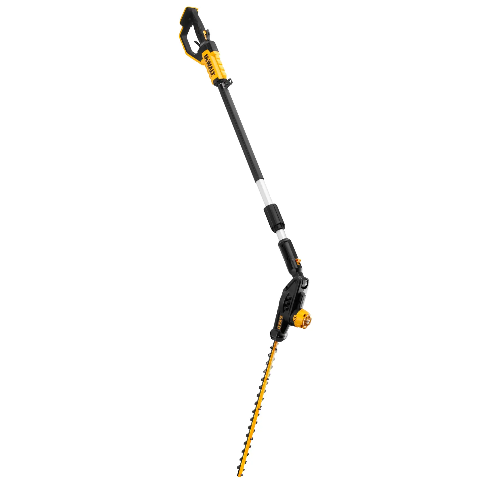 Cortasetos con pértiga DEWALT, cuerpo amarillo y negro, mango telescópico y hoja inclinada para podar en altura.