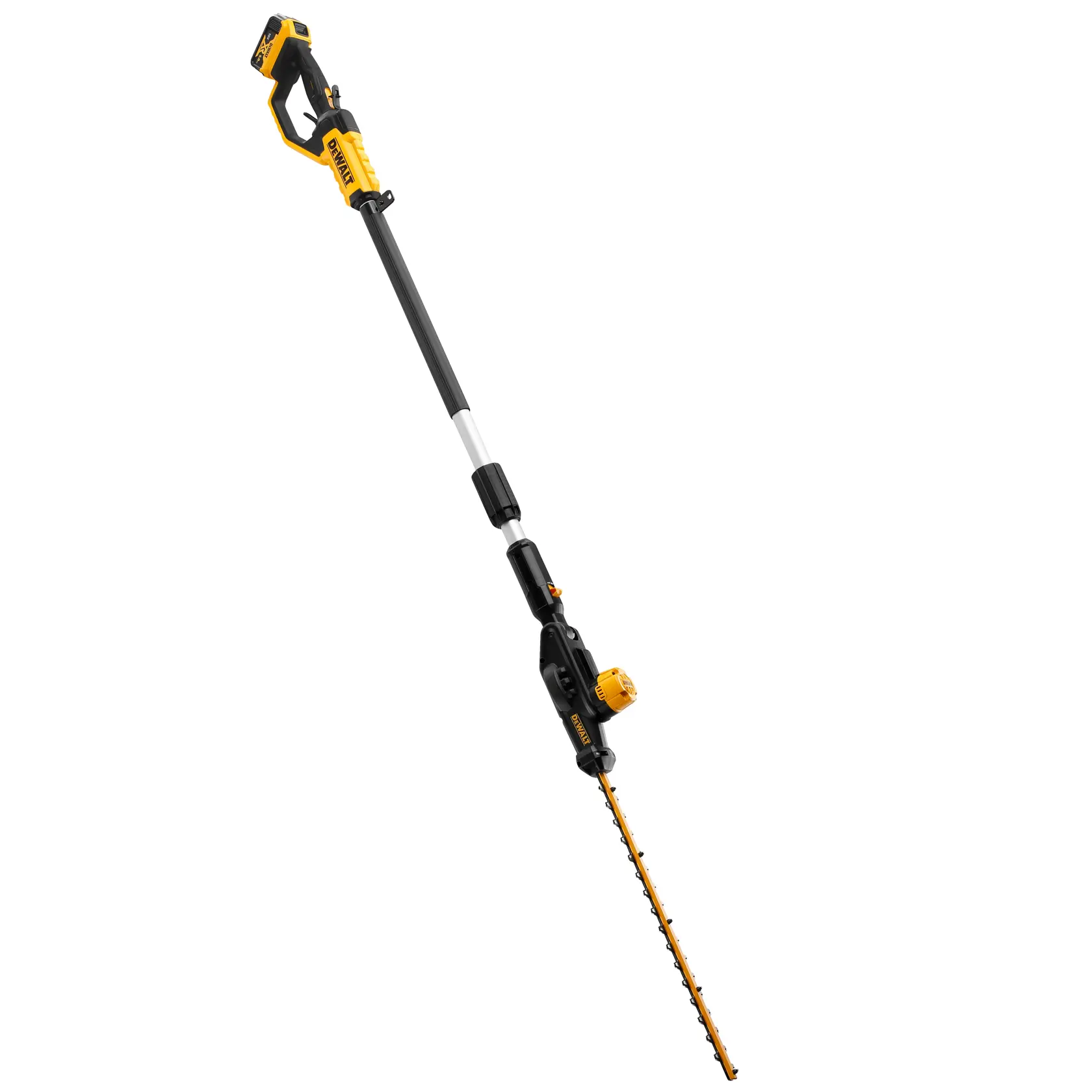 DEWALT DCMPH566P1 cordless pole hedge trimmer with extendable shaft and yellow-black design.