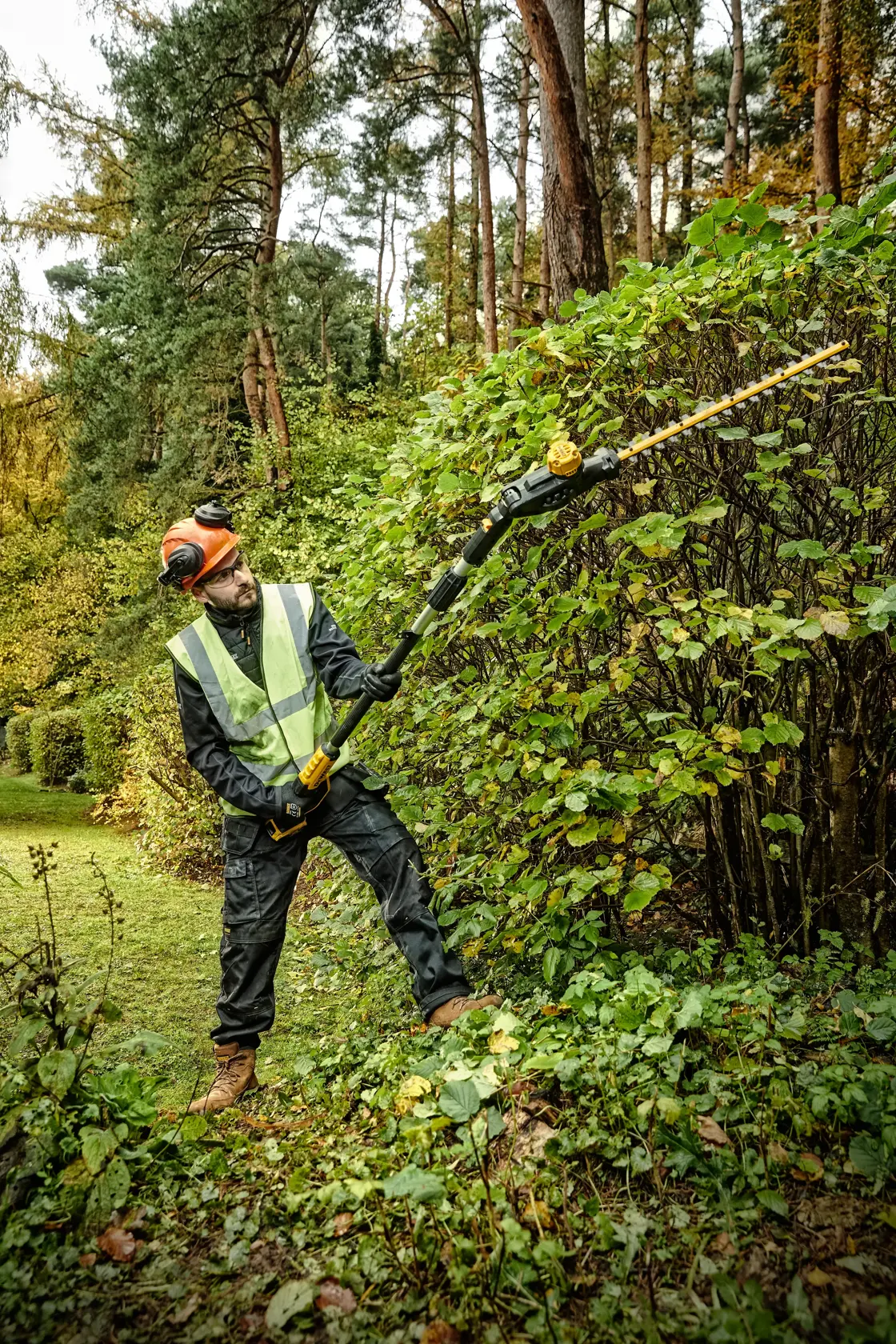 Persona recorta arbustos altos con cortasetos DEWALT de pértiga, equipo de seguridad y chaleco en zona forestal.