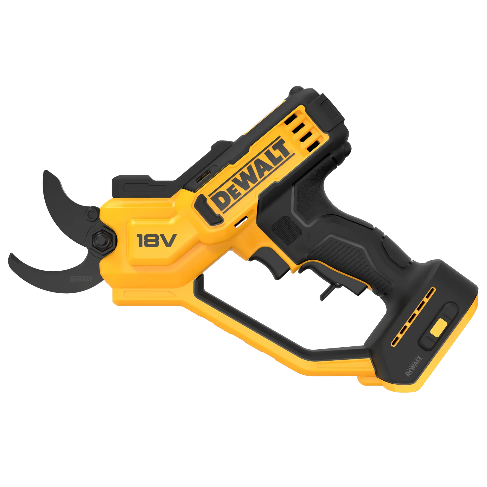 Tijera inalámbrica DEWALT 18V, cuerpo negro y amarillo, mango ergonómico y hoja afilada.