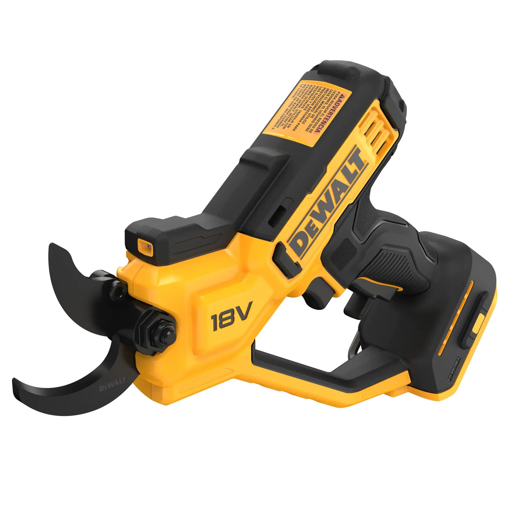 Tijeras de podar DEWALT 18V inalámbricas, cuerpo amarillo y negro y mango ergonómico.