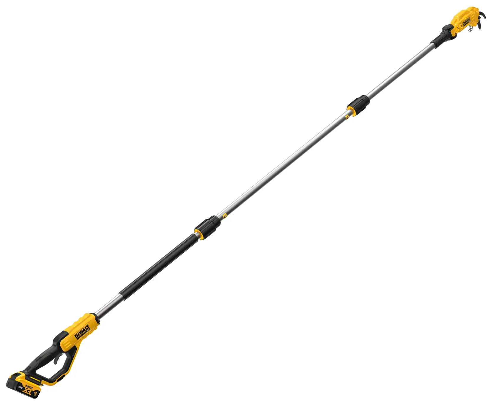 Potatore a batteria DEWALT giallo e nero, asta estesa e batteria per tagliare rami.