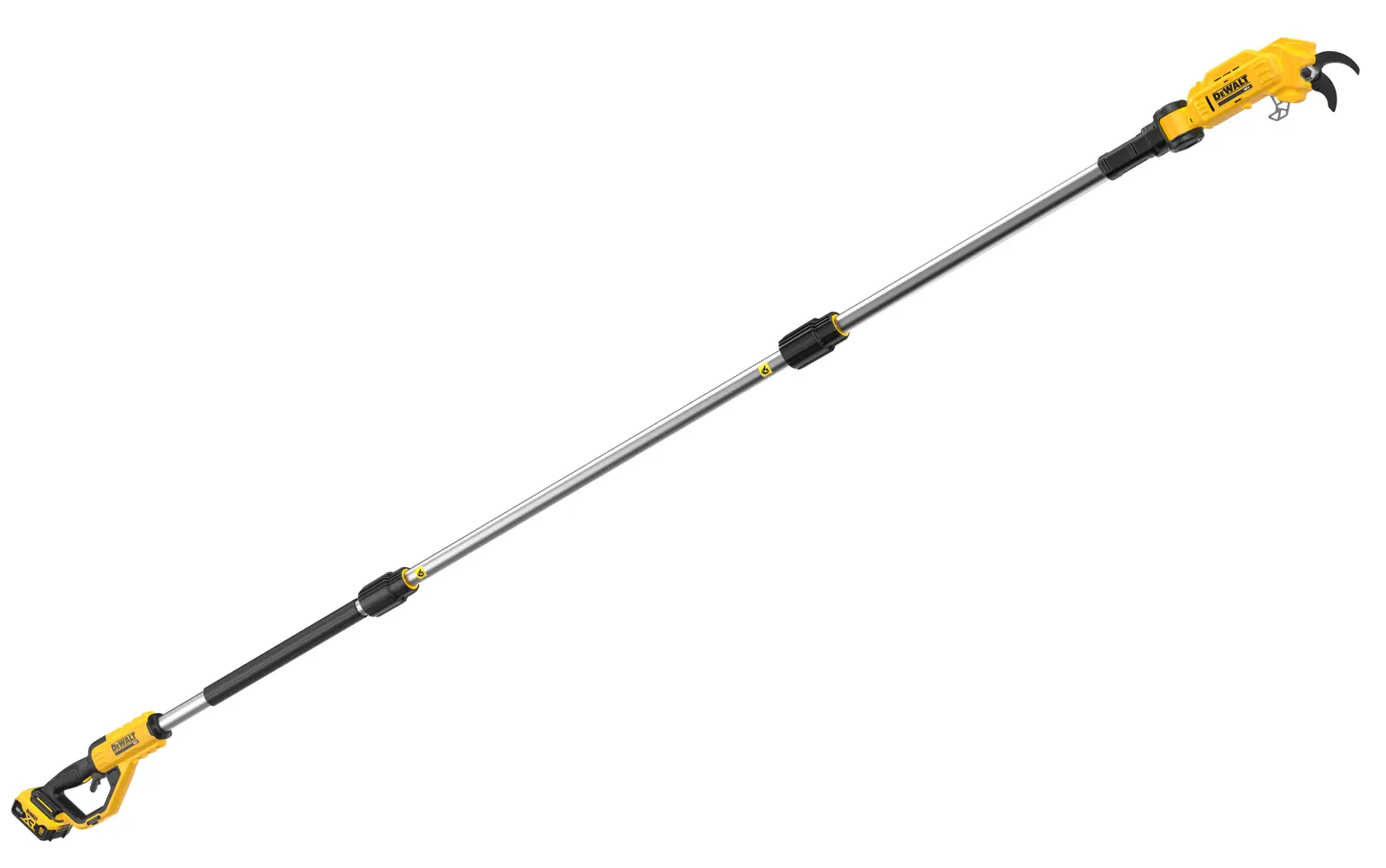 Potatore telescopico DEWALT giallo e nero, senza fili, ideale per tagliare rami.
