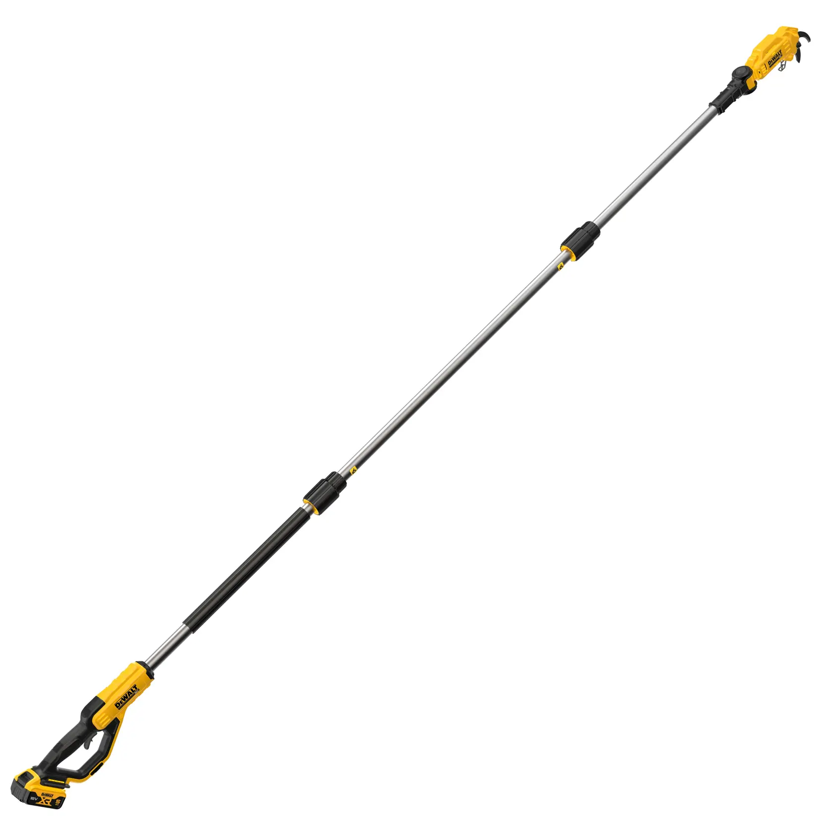 Potatore a batteria DEWALT con asta estensibile, ideale per tagliare rami di alberi.