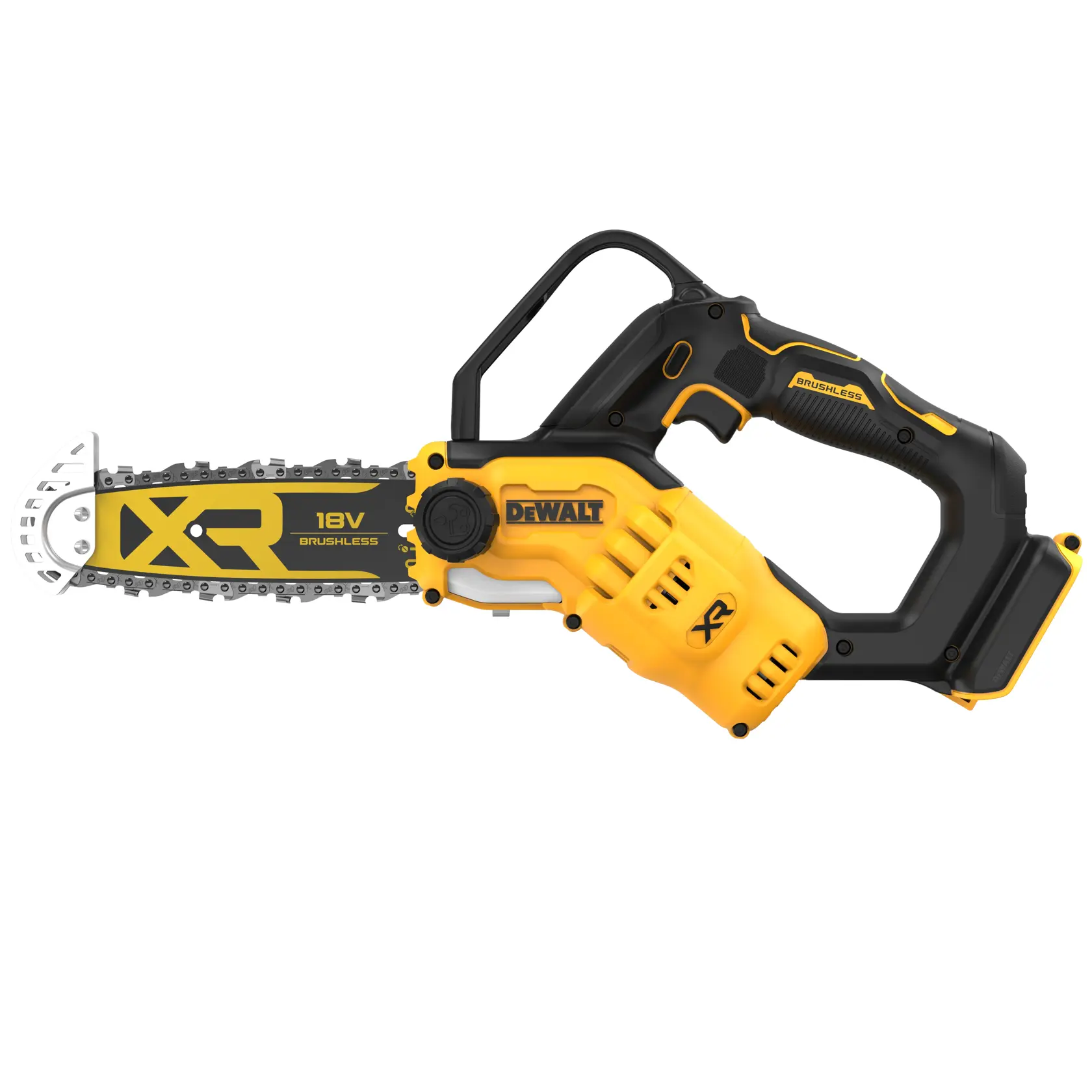Motosierra compacta inalámbrica DEWALT 18V XR Brushless, modelo DCMPS520N, con cuerpo negro y amarillo y barra de cadena visible.
