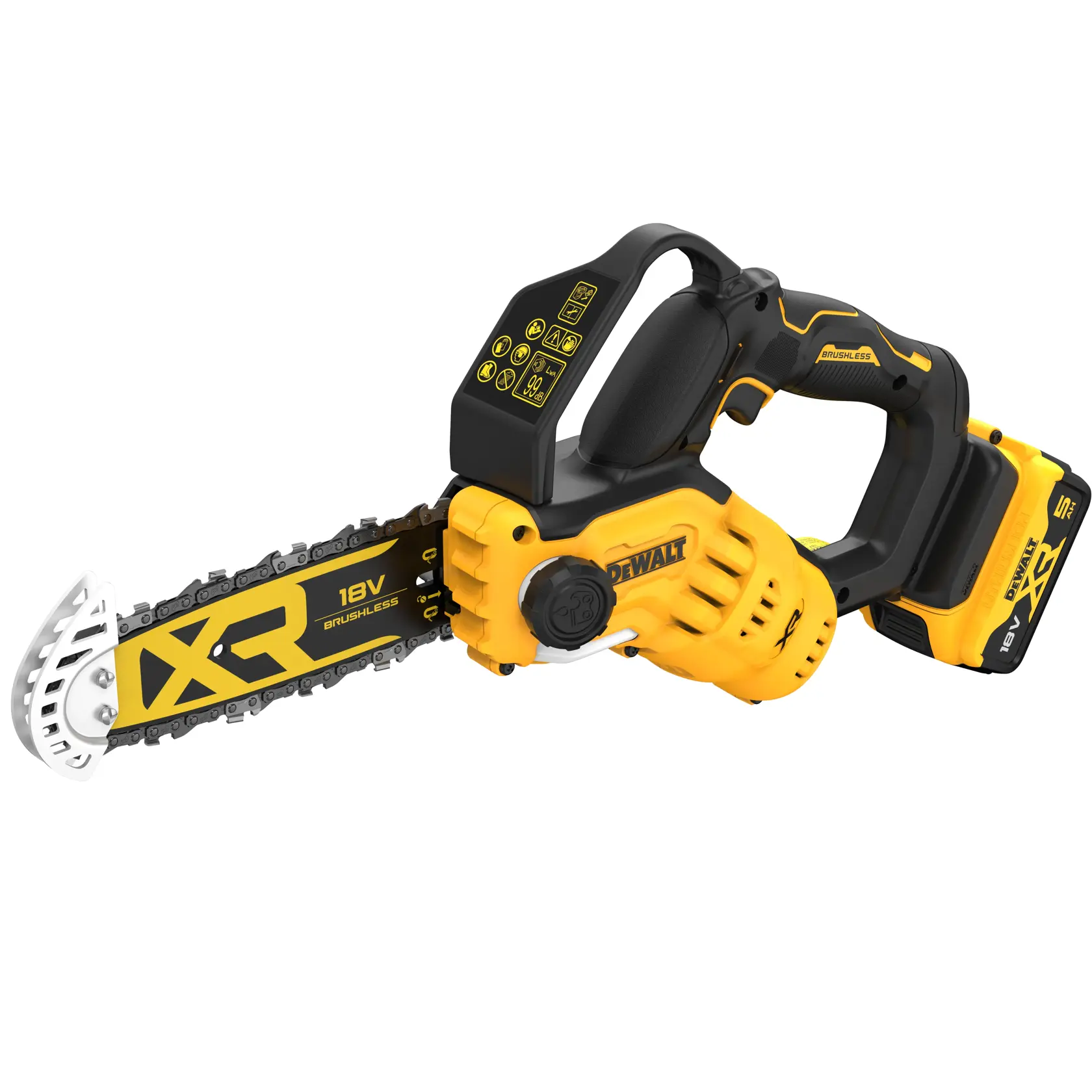 Motosierra inalámbrica DEWALT XR de 18V sin escobillas, de color amarillo y negro, con mango ergonómico, protector de seguridad y batería visible.