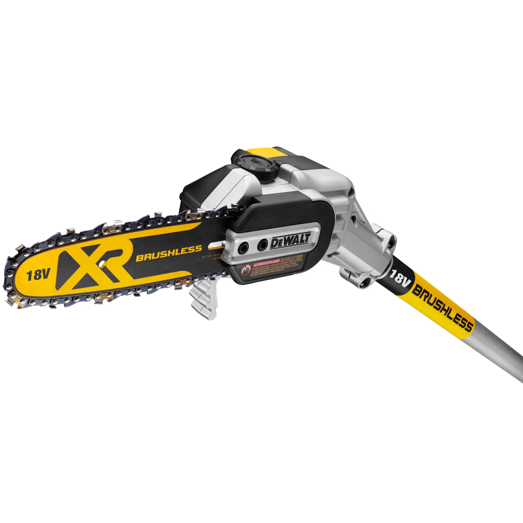 Primer plano de la motosierra de pértiga DEWALT 18V XR brushless, con cadena y marca en la cabeza.