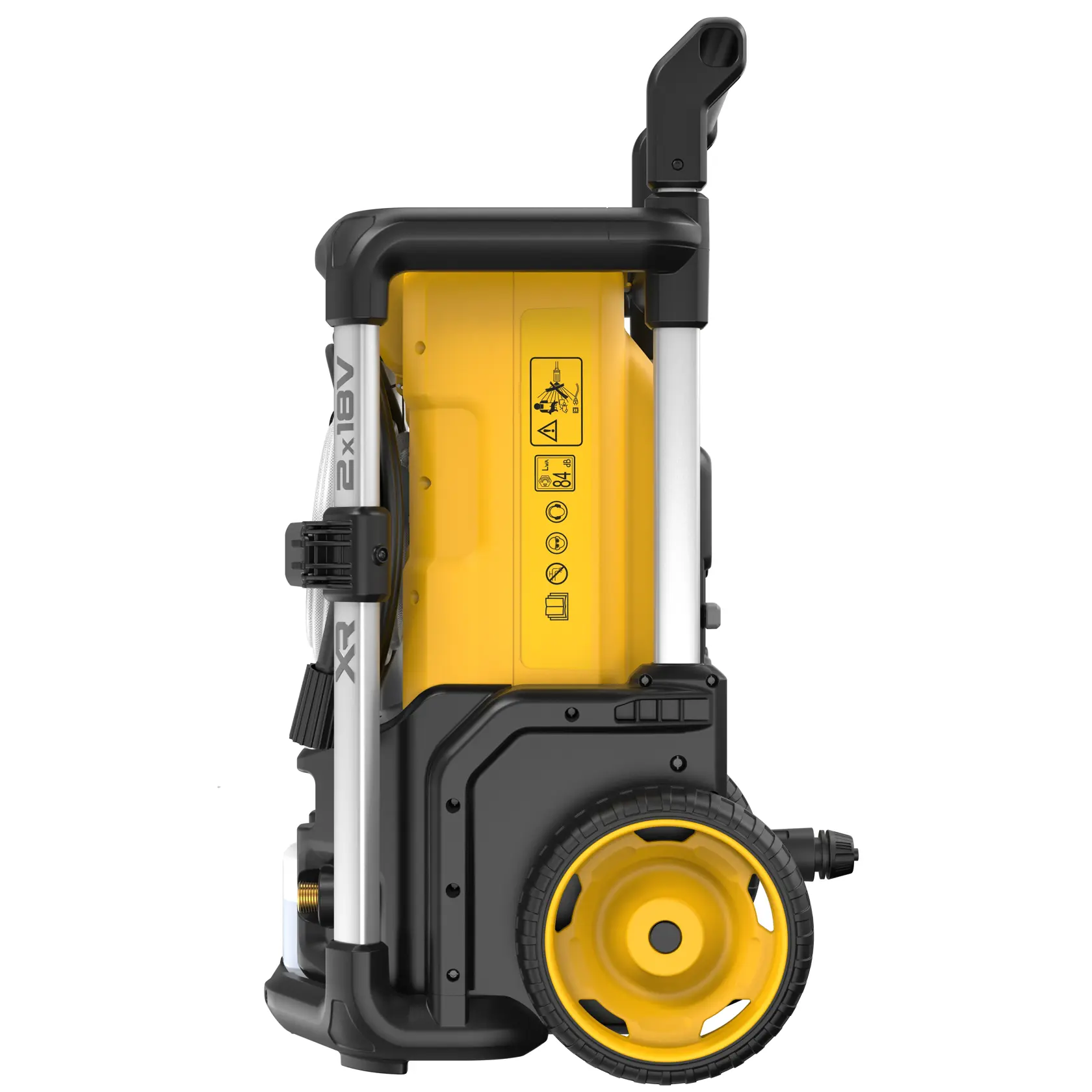 Vista laterale di un'idropulitrice portatile DEWALT DCMPW1600 con design giallo e nero, grandi ruote e maniglia per un facile trasporto.