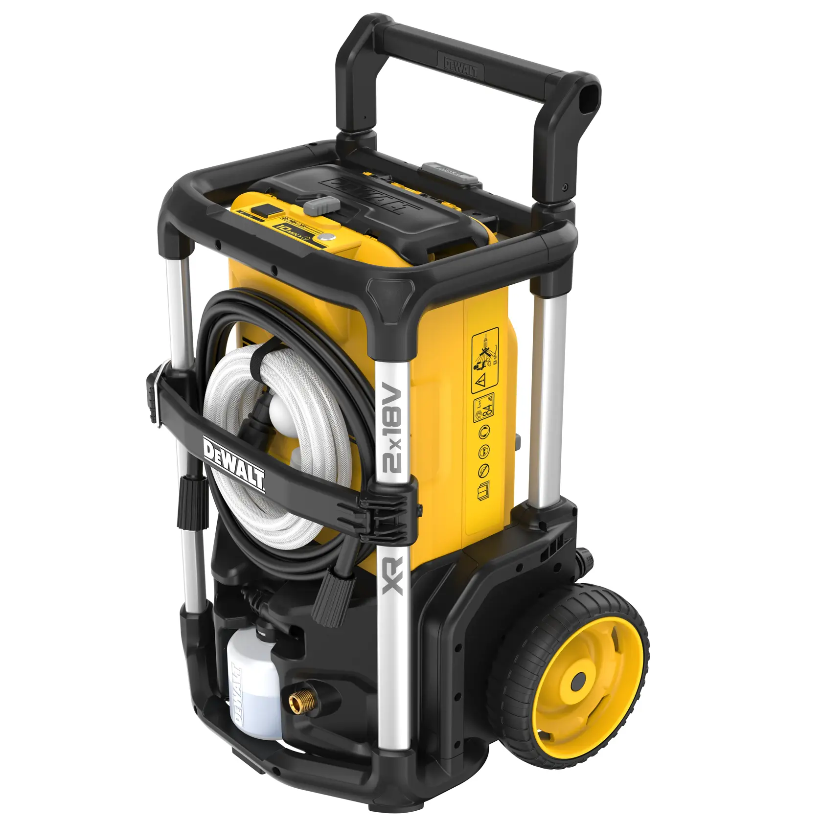Idropulitrice portatile DEWALT, gialla e nera, con ruote e maniglia per un facile trasporto. L'unità è dotata di tubo arrotolato e vano porta accessori integrato.
