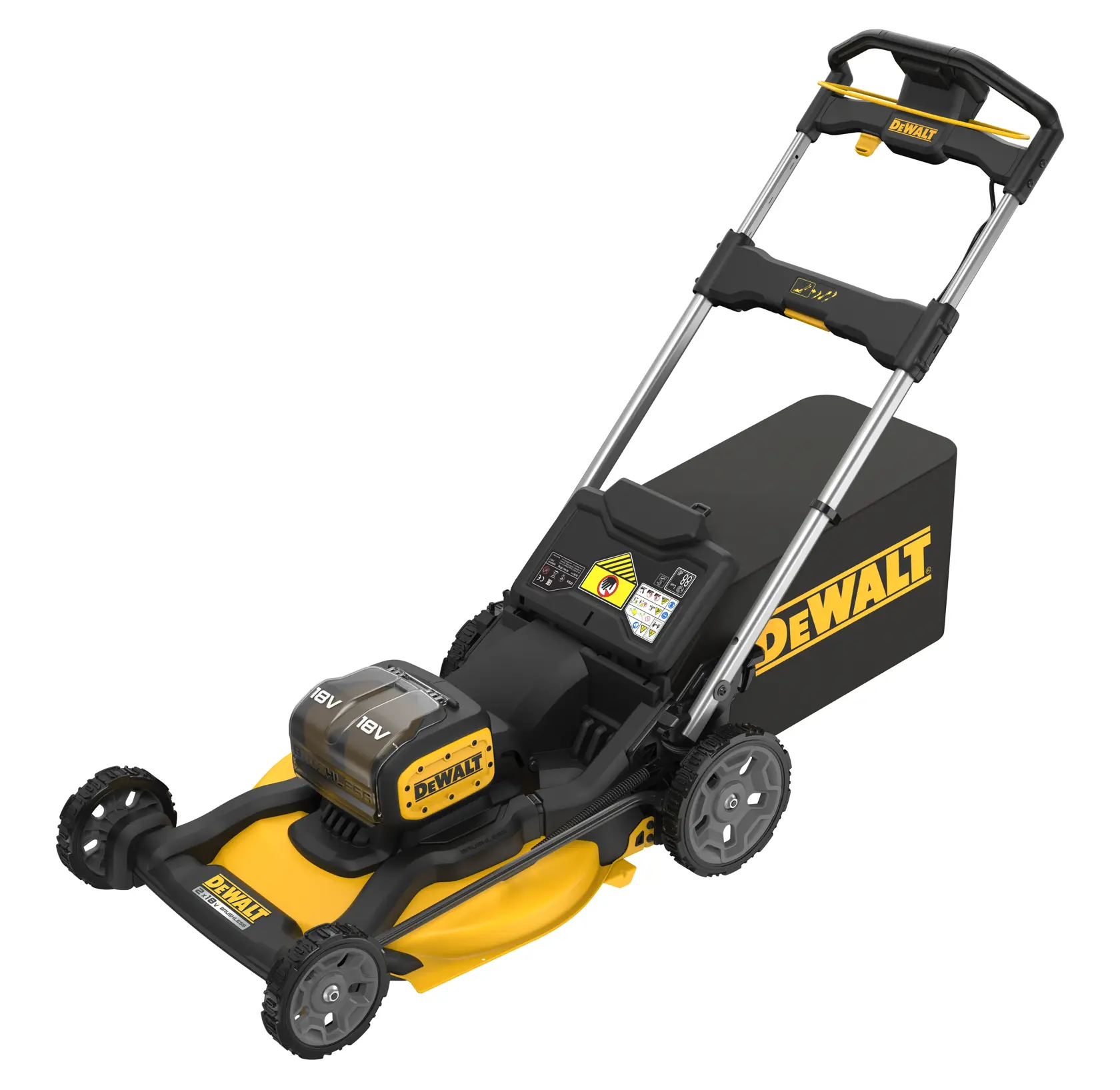 Cortacésped amarillo DEWALT inalámbrico con mango negro y caja recogedora, sobre fondo blanco.