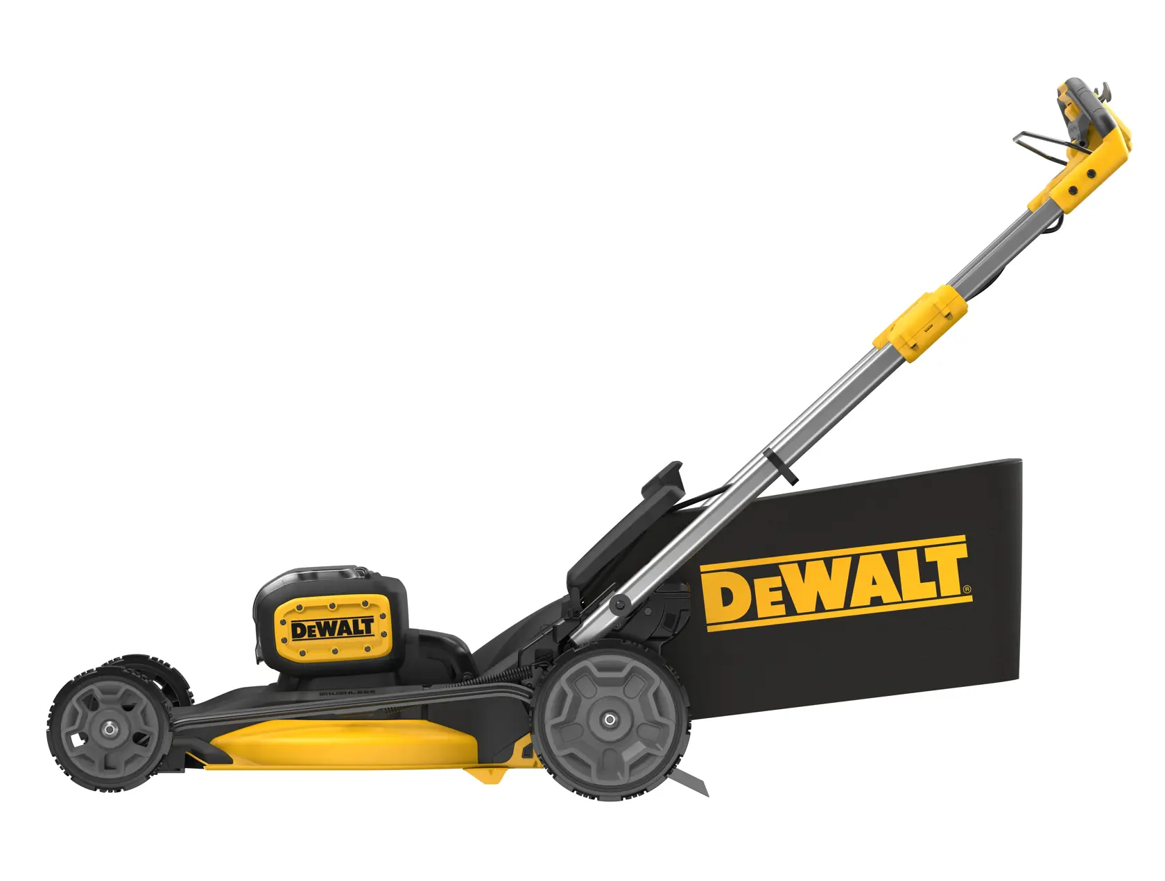 Vista lateral de cortacésped inalámbrico DEWALT negro y amarillo, con bolsa trasera para césped.