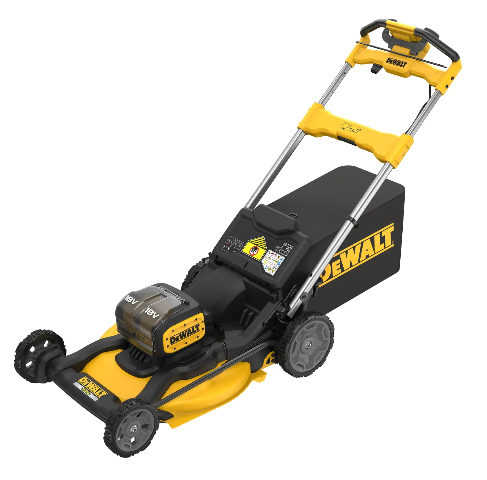 Cortacésped inalámbrico DEWALT con batería 18V, amarillo y negro, vista lateral sobre fondo blanco.