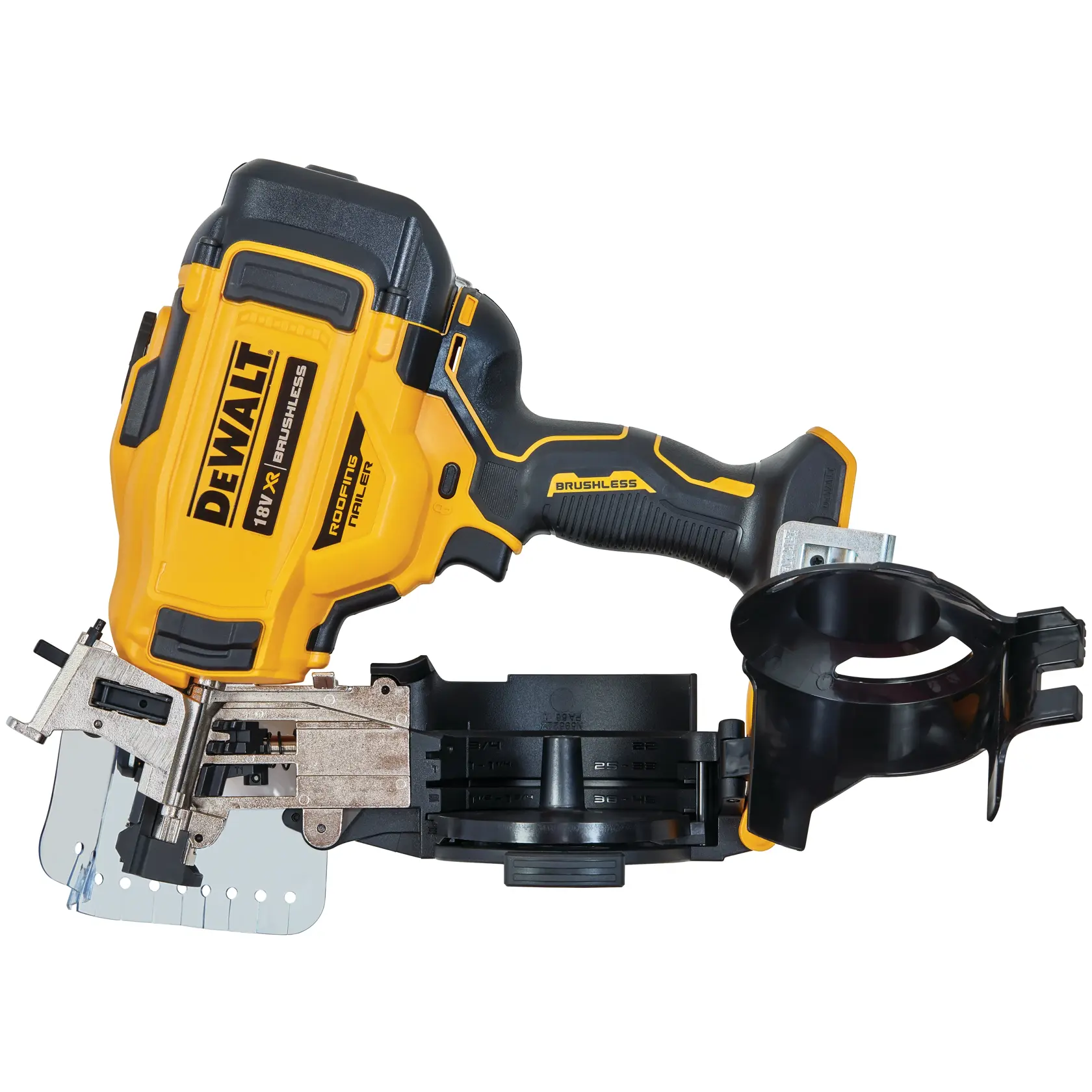 DEWALT 18V XR brushless roofing nailer tool with coil magazine, shown on a white background.