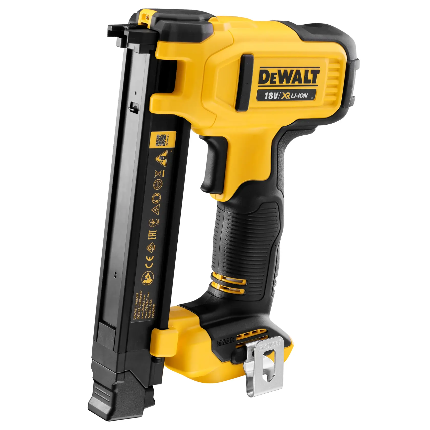 Grapadora eléctrica para cables DEWALT 18V XR Li-Ion, modelo DCN701N, vista lateral. La herramienta es amarilla y negra, con empuñadura ergonómica y un cargador largo para grapas.