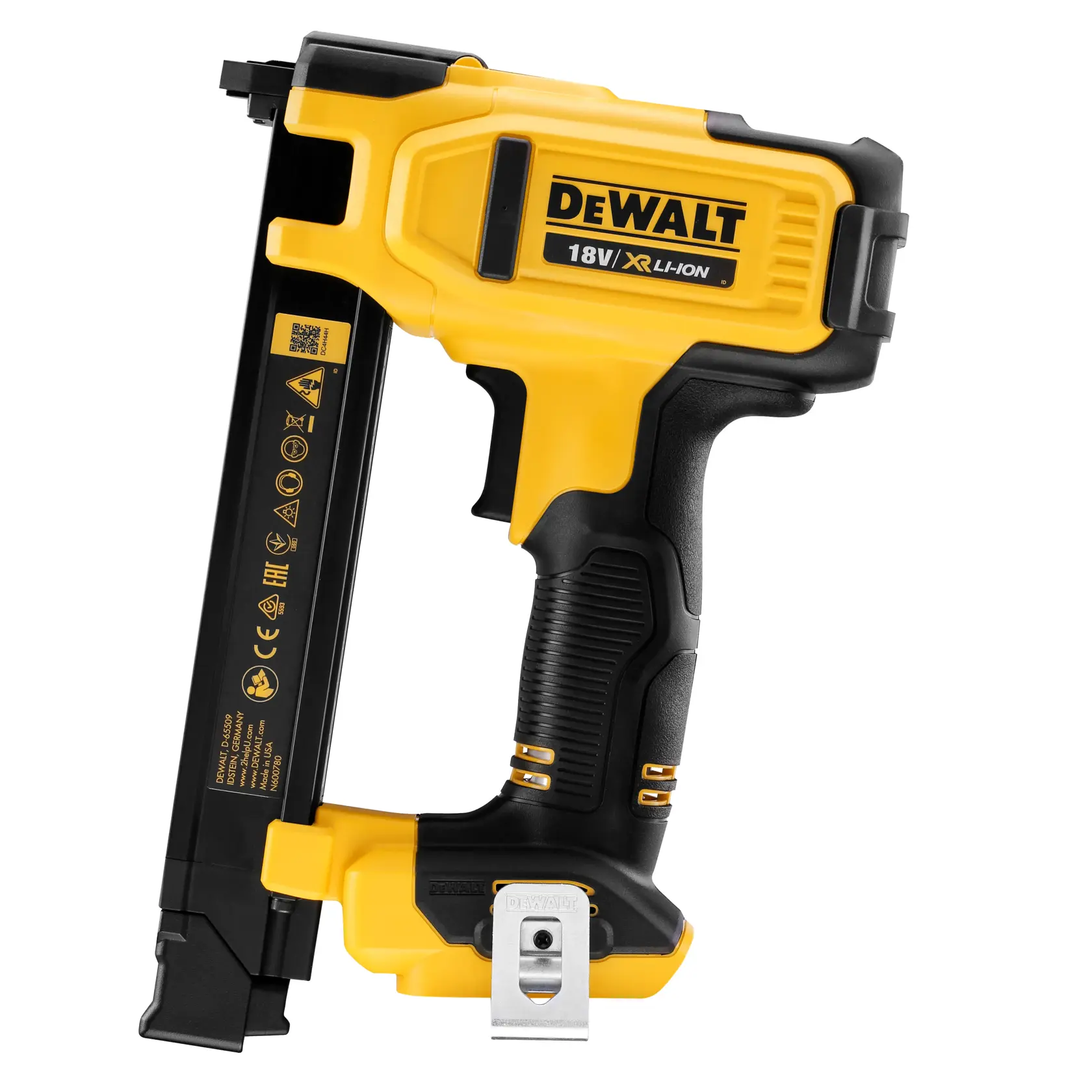Una grapadora inalámbrica para cables DEWALT 18V XR Li-Ion con cuerpo amarillo y negro, diseñada para sujetar cables. El modelo mostrado es DCN701N.