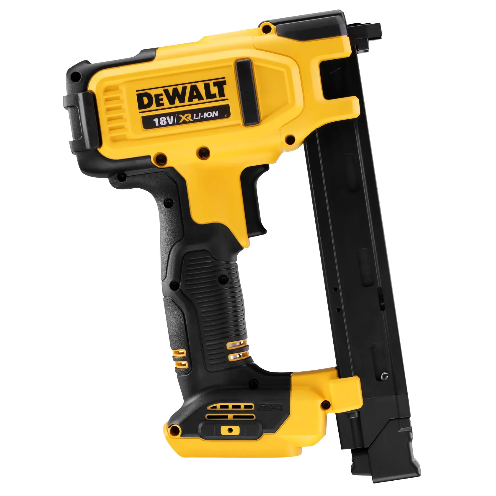 Herramienta engrampadora de cables DEWALT 18V XR Li-Ion amarilla y negra, modelo DCN701N, vista lateral.