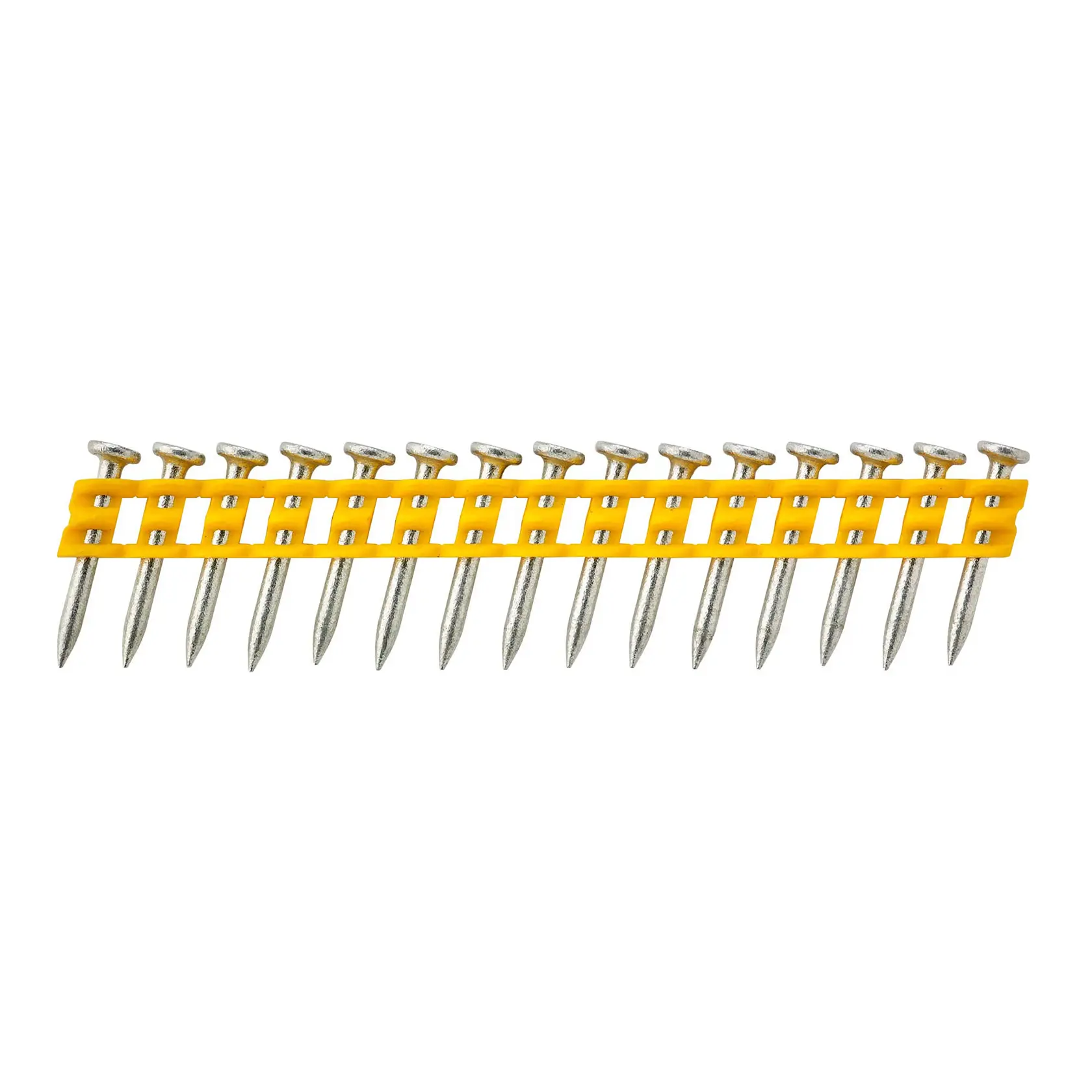 Strip of collated nails with yellow plastic holder, suitable for use in nail guns.