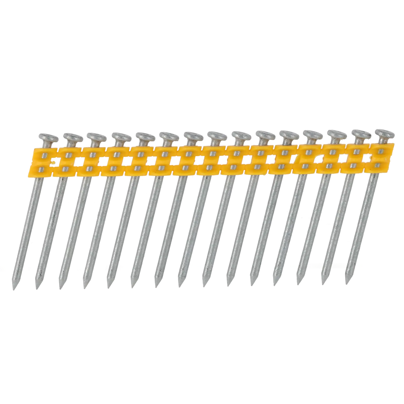 Tira de clavos de acero unidos por una banda plástica amarilla para usar en pistola de clavos.