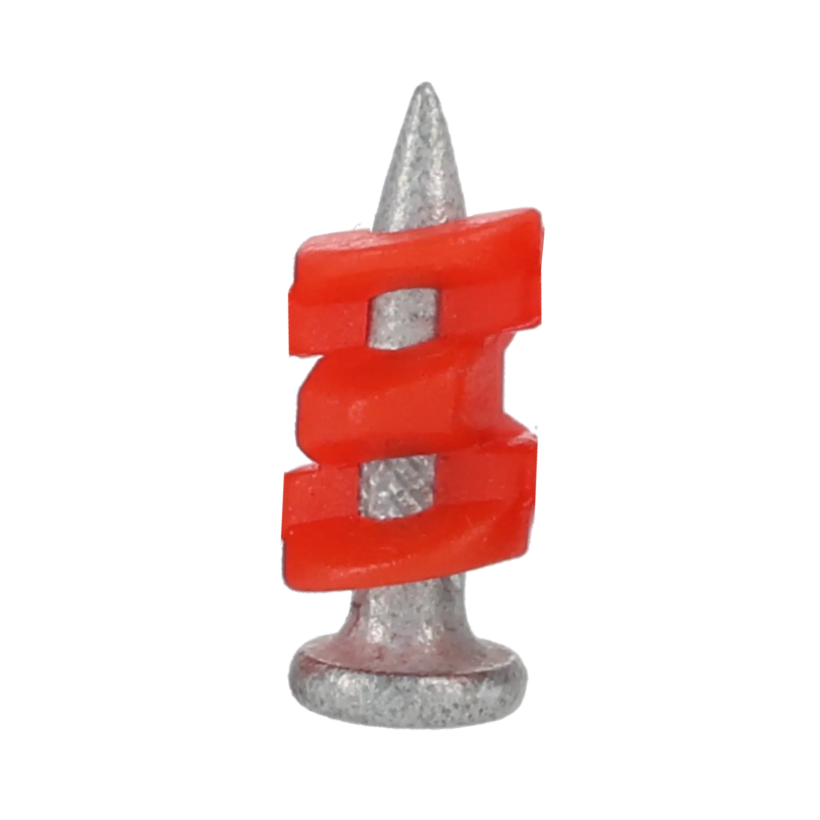 Clavo plateado con envoltorio plástico rojo en espiral, usado para fijación en construcción.