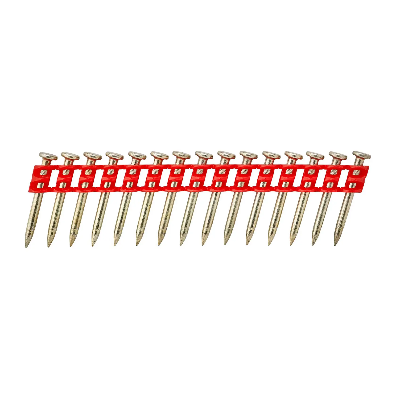 Fila de clavos metálicos unidos por tira roja, diseñada para uso en una pistola de clavos.