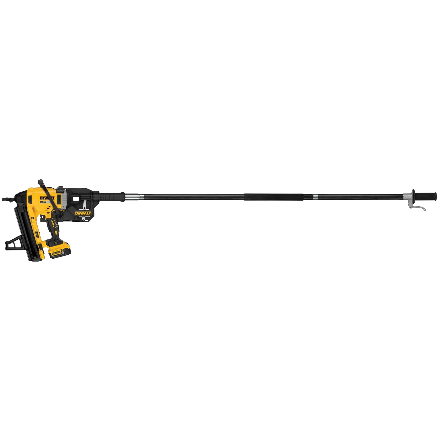 Ein DEWALT-Nagler mit einer verlängerten Stangenbefestigung, geeignet für das Befestigen oder Installieren von Materialien an schwer zugänglichen Stellen oder in der Höhe.
