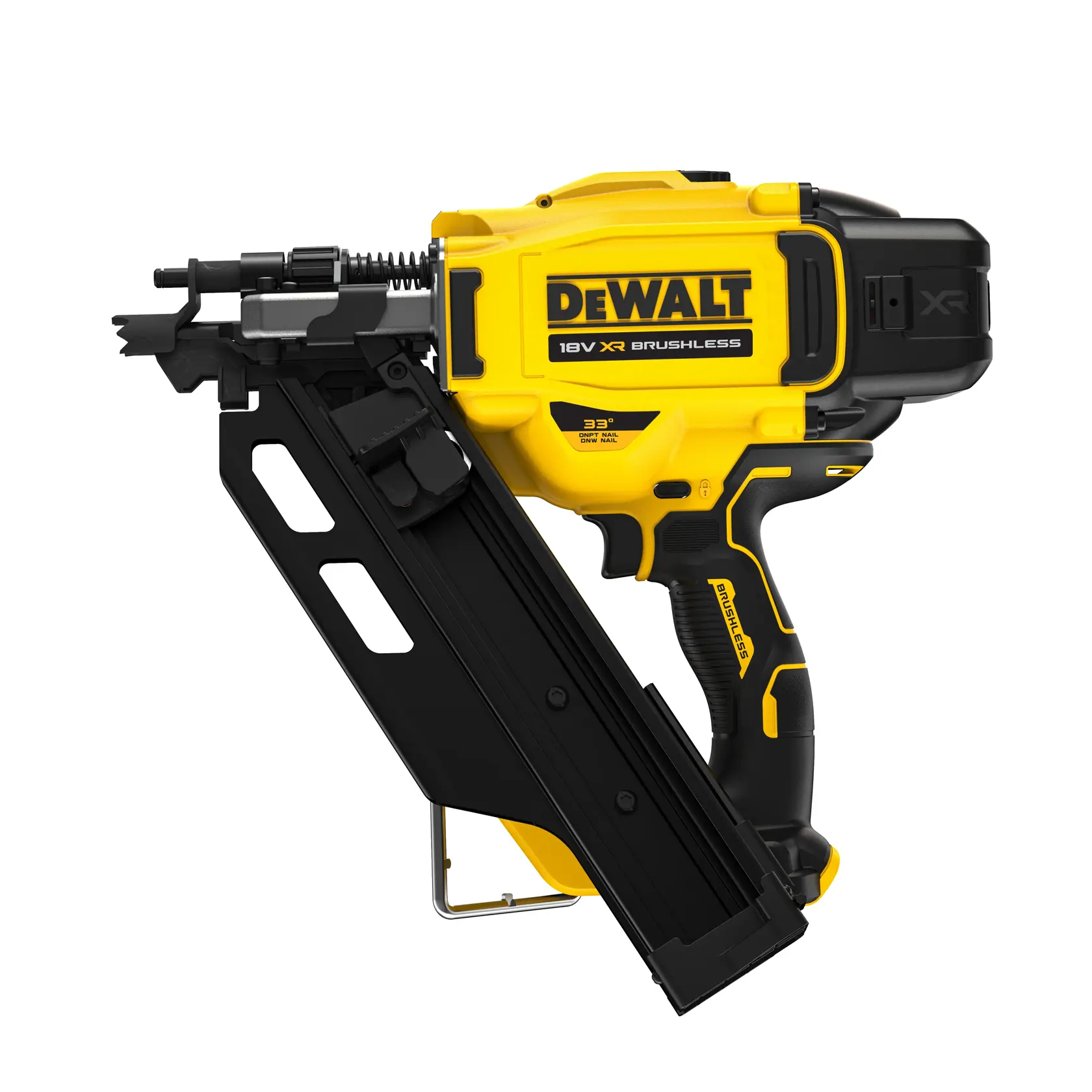 DEWALT 18V XR brushless Nagler mit gelb-schwarzem Design, schrägem Magazin und ergonomischem Griff.