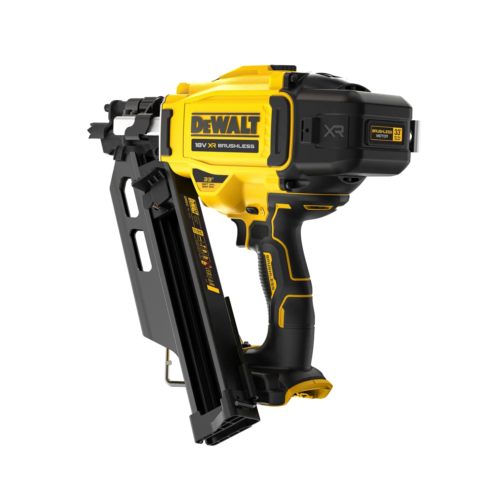 DEWALT Akku-Nagelpistole DCN950N mit bürstenlosem Motor, gelb-schwarz, angeschrägt für Rahmenbau.