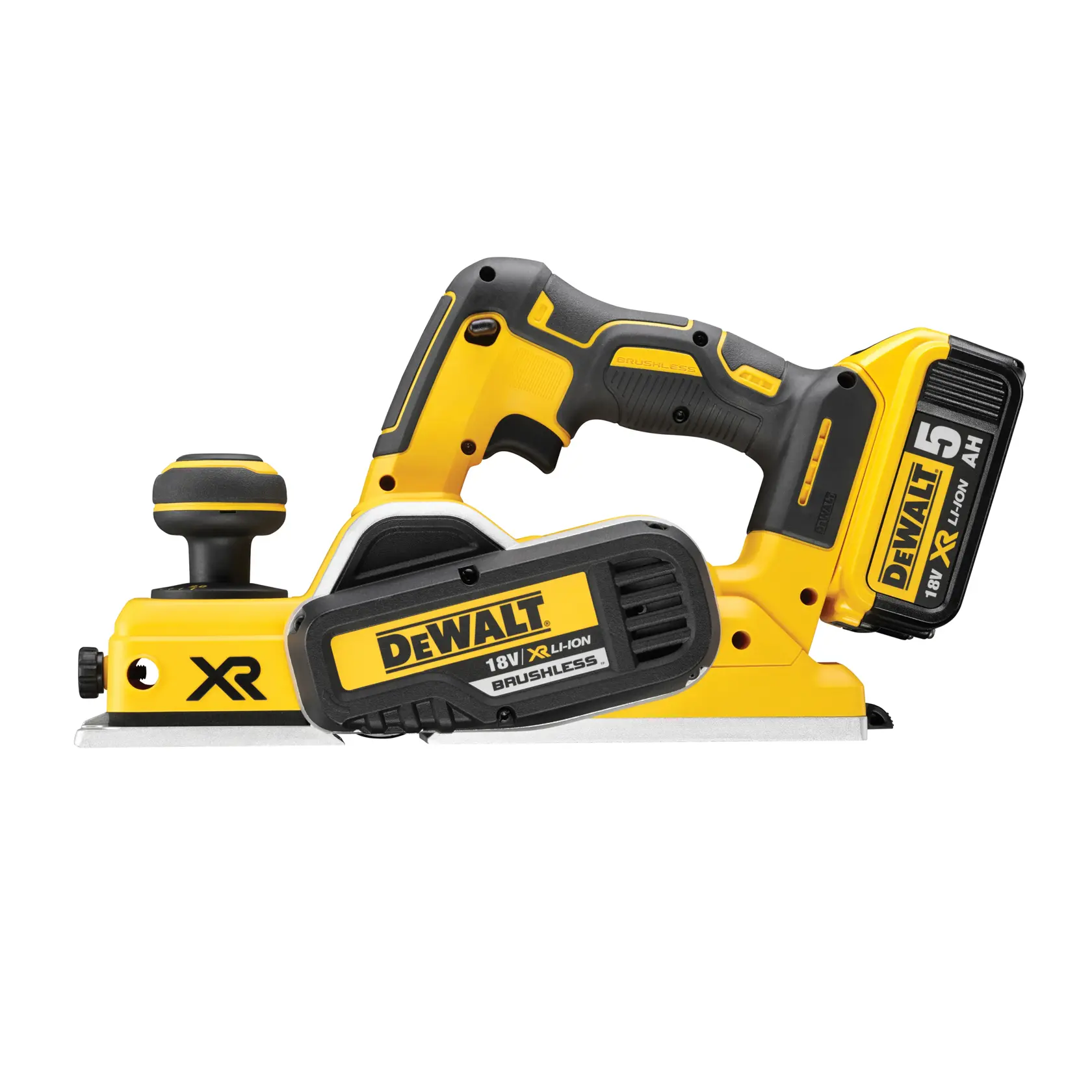 Raboteuse DEWALT DCP580P2 sans fil jaune et noire, batterie 18V XR Li-Ion 5Ah, moteur sans balais, vue latérale.
