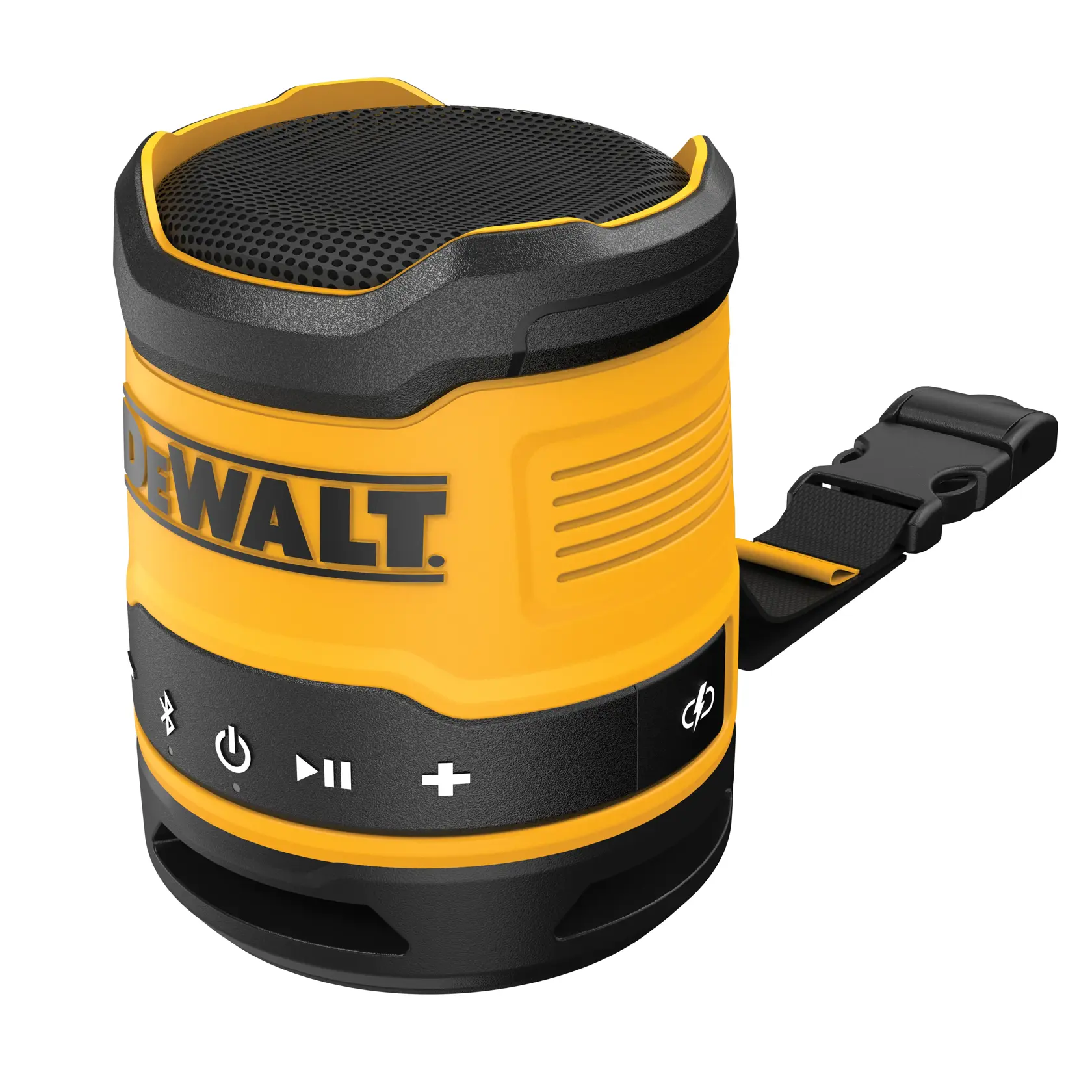 A DEWALT portable Bluetooth speaker in yellow and black, with control buttons and a carrying strap.