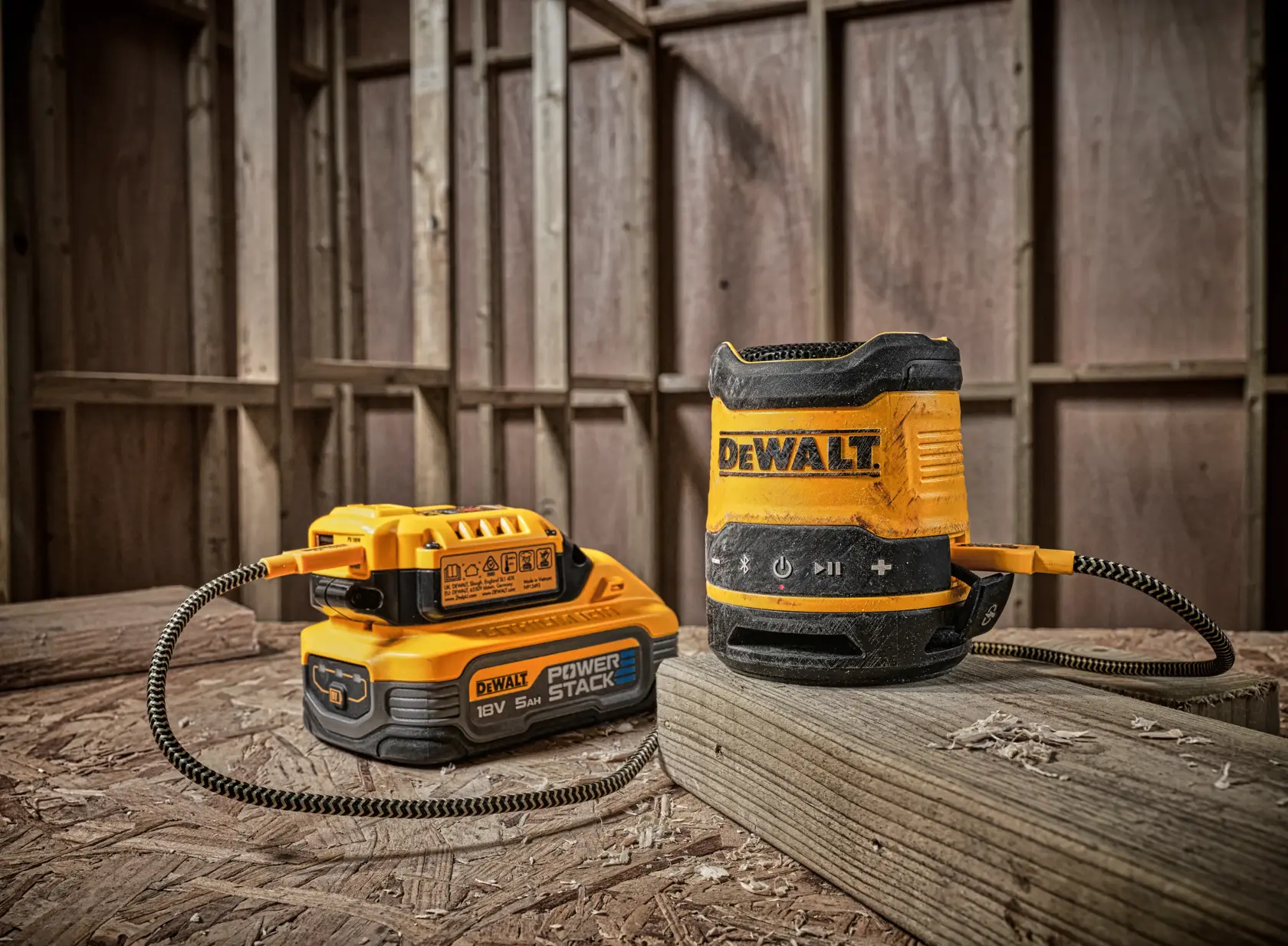 A DEWALT DCR009 portable jobsite Bluetooth speaker connected to a DEWALT POWERSTACK 18V battery, both placed on a wooden surface in a construction site setting.