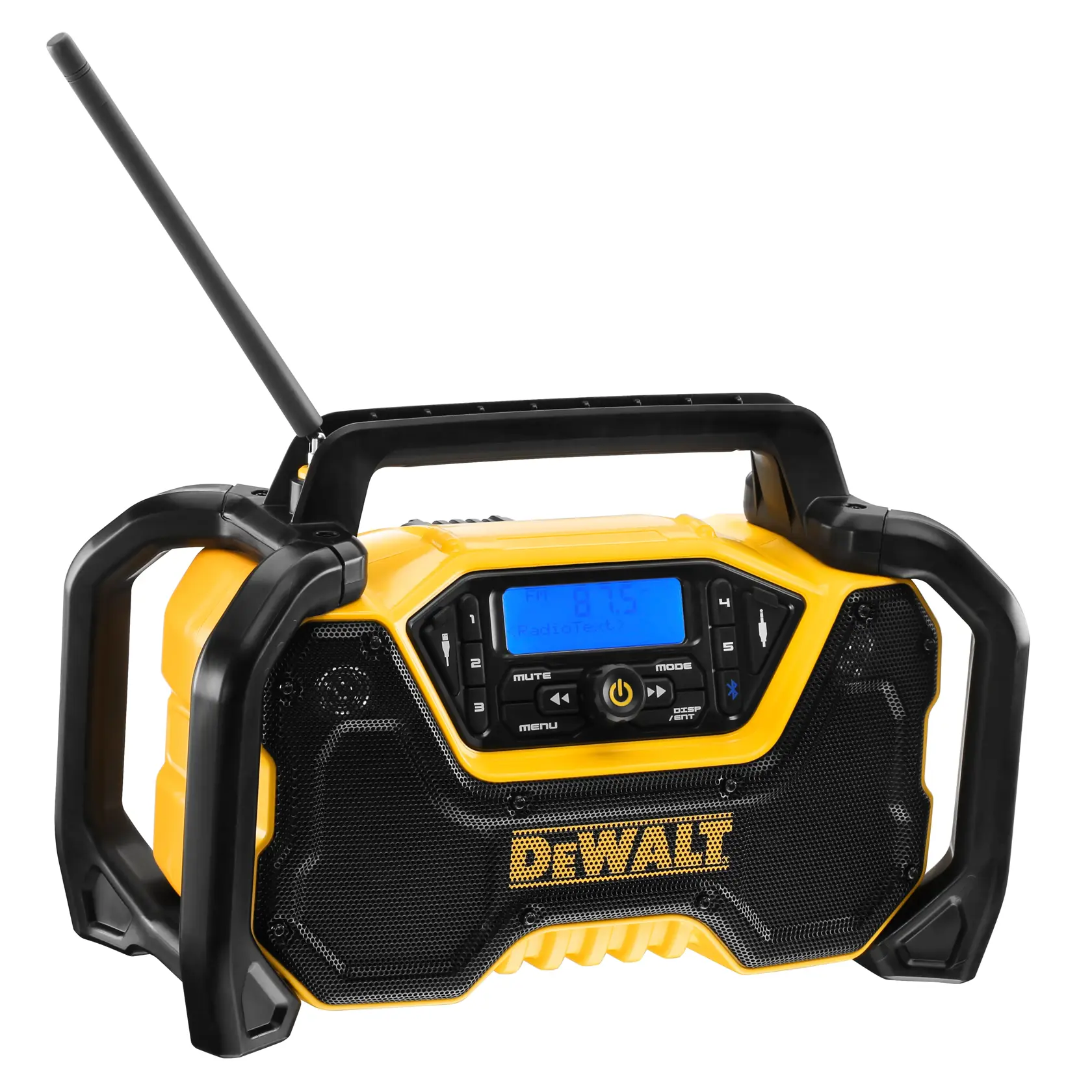 DEWALT-Radio, SKUs DCR029, DCZ1201P3-XE; gelb-schwarz, robust mit Antenne und Display.